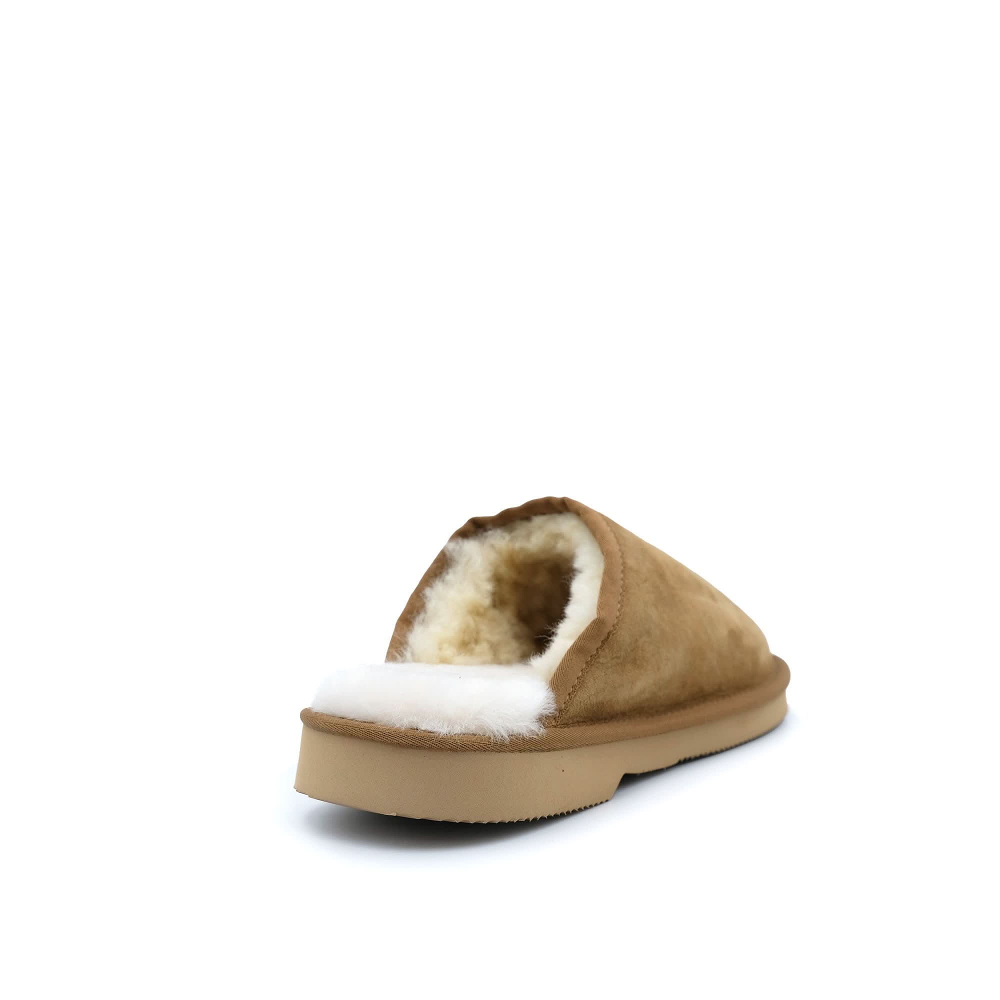 Tan sheepskin slipper with wool lining, side view on white background. - Yellow Earth Australia