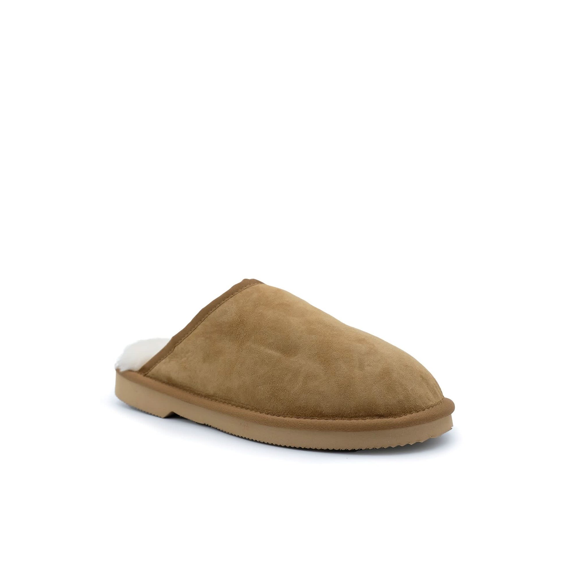 Tan suede sheepskin slipper with wool lining, side view. - Yellow Earth Australia