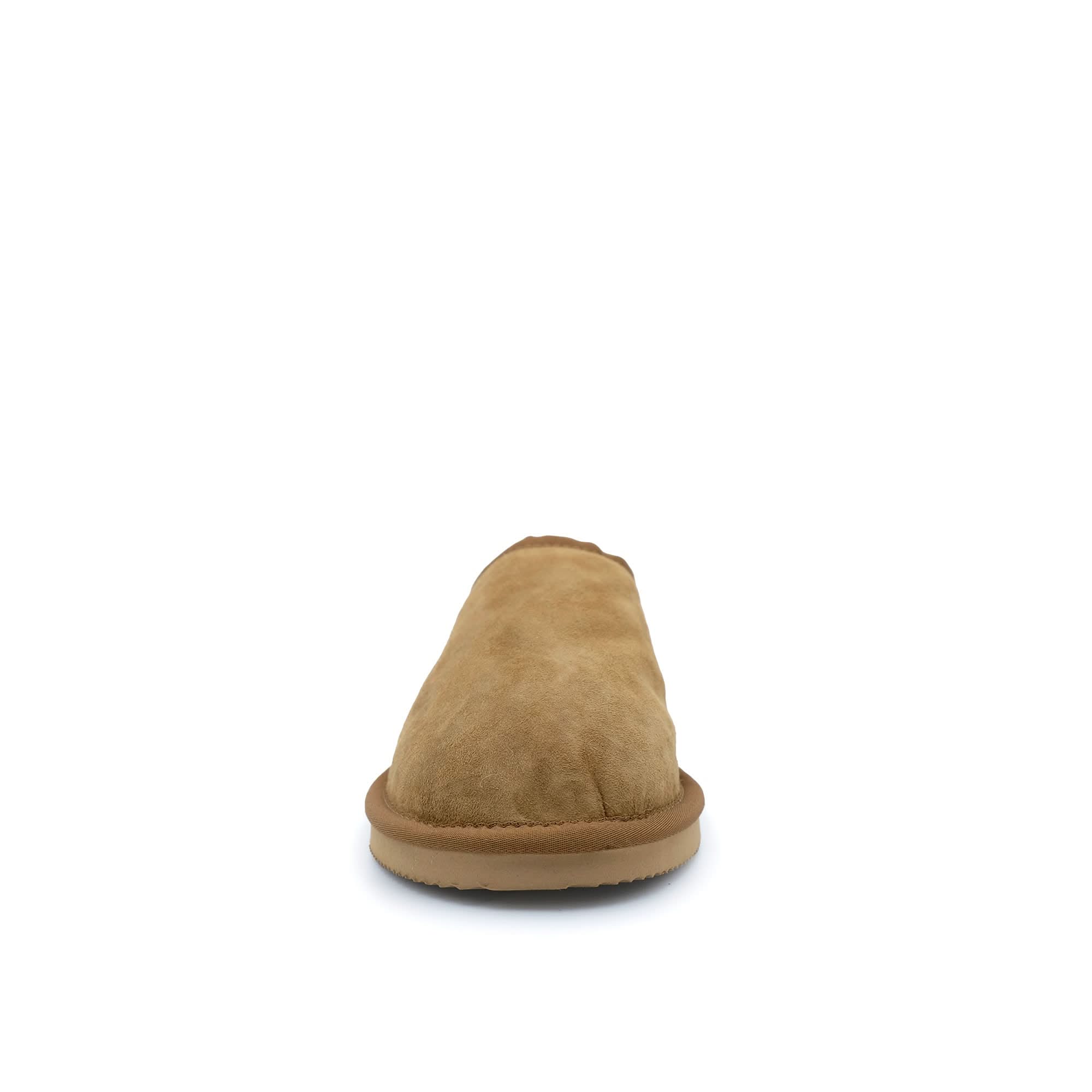Tan suede sheepskin slipper shown from the front view. - Yellow Earth Australia