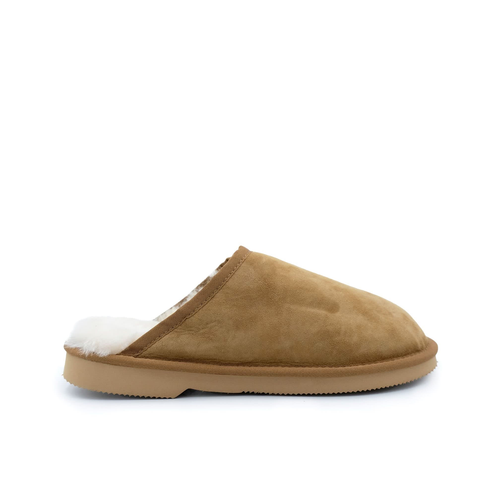 Tan suede sheepskin slipper with white wool lining, side view. - Yellow Earth Australia