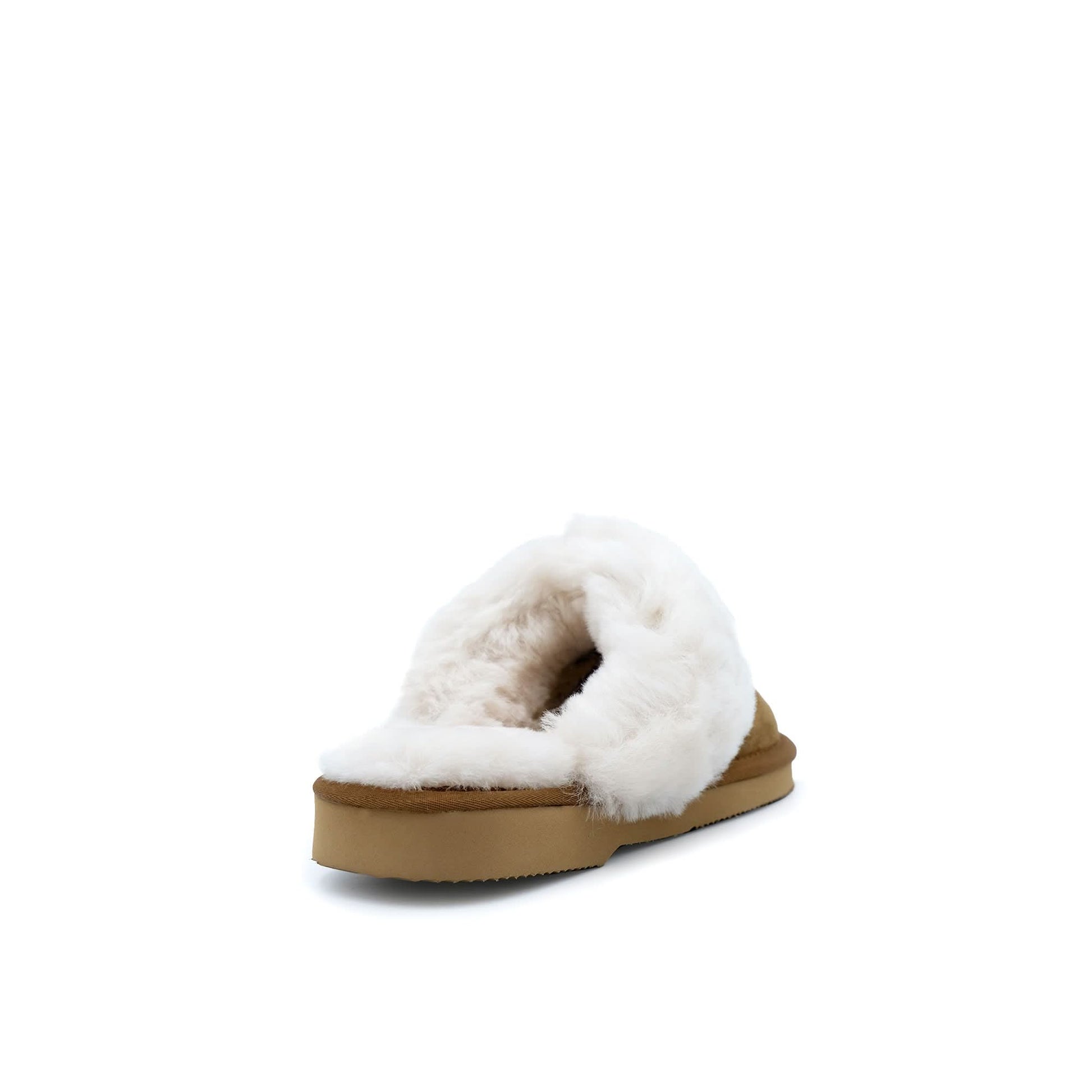 Beige sheepskin slipper with white wool lining, side view. - Yellow Earth Australia