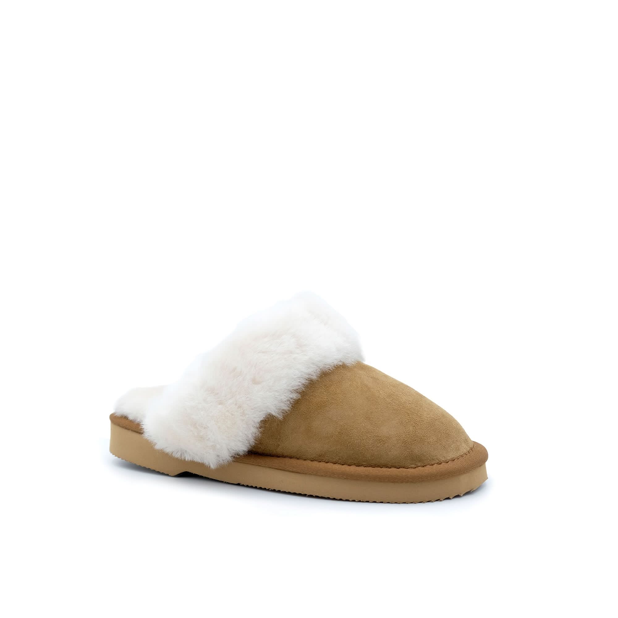 Tan suede slipper with white fluffy sheepskin collar, side view. - Yellow Earth Australia
