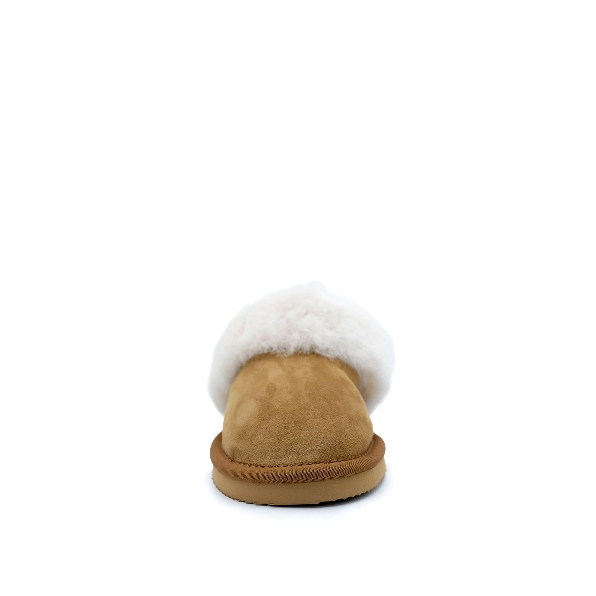 Tan suede sheepskin slipper with white wool cuff, front view. - Yellow Earth Australia