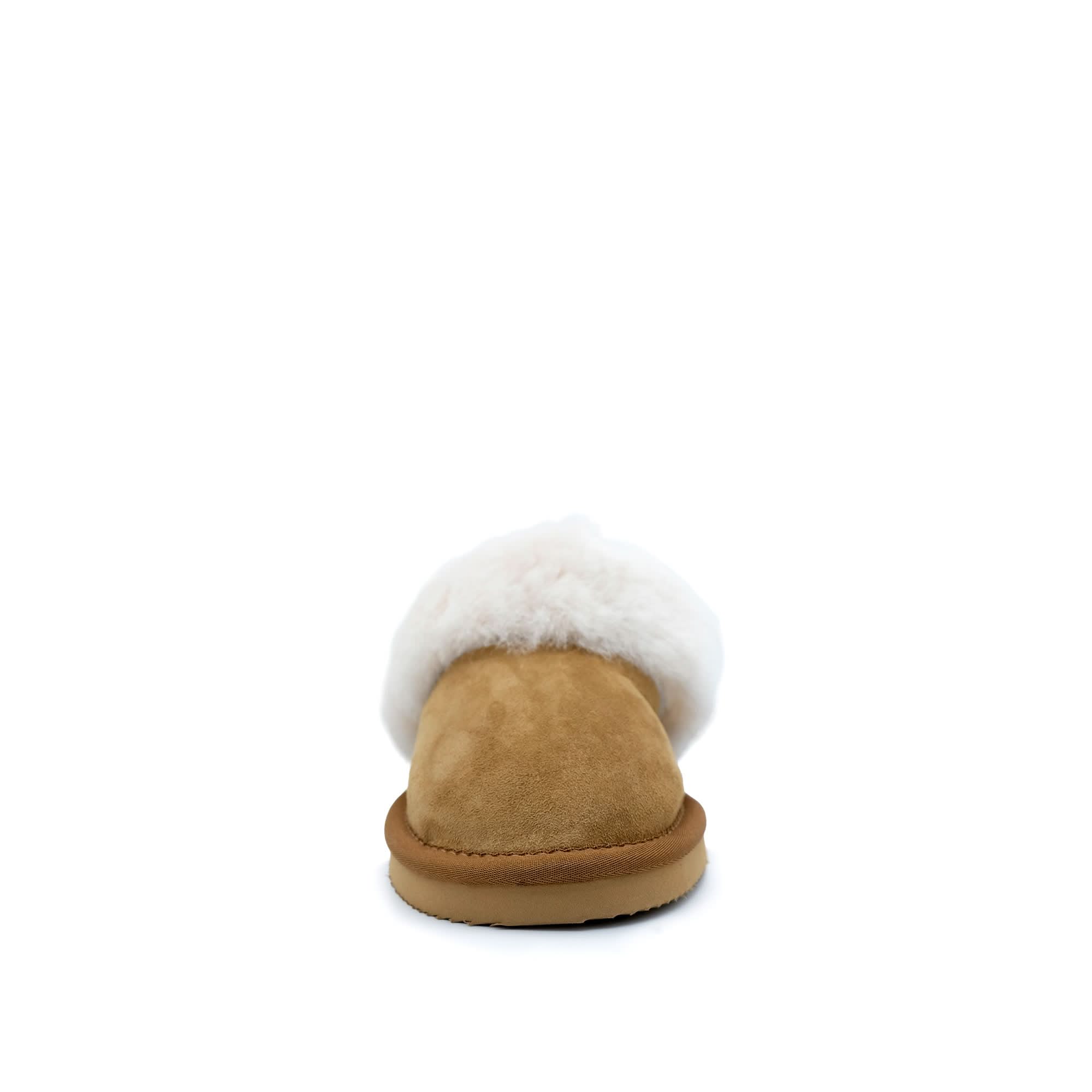 Tan suede sheepskin slipper with white wool cuff, front view. - Yellow Earth Australia