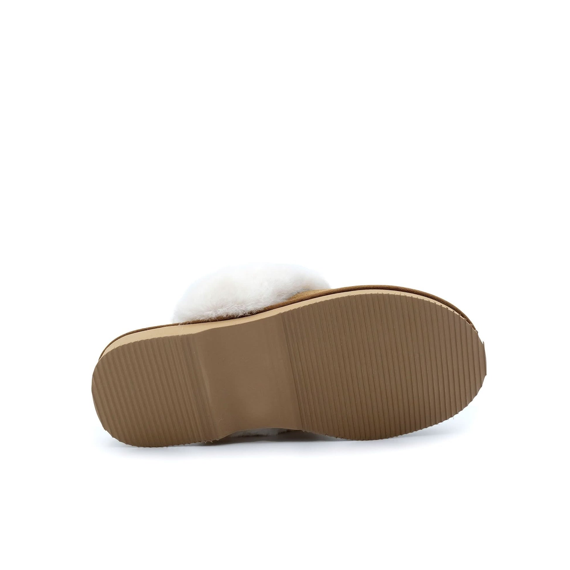 Sheepskin slipper with white wool lining and tan sole, bottom view. - Yellow Earth Australia