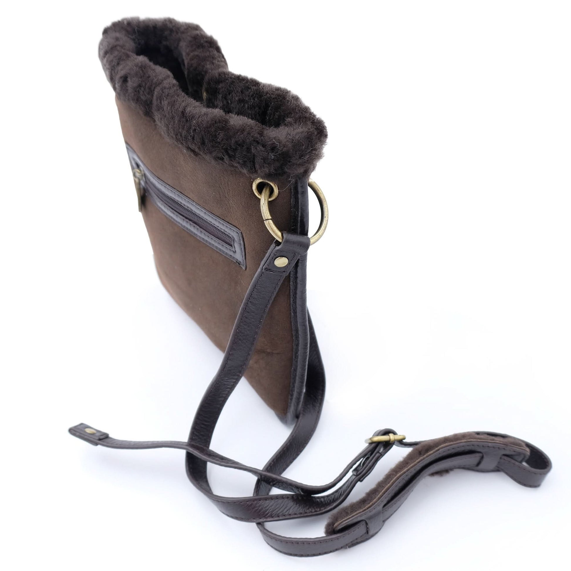 Brown sheepskin treat pouch with charcoal wool lining and leather shoulder strap, side view. - Yellow Earth Australia