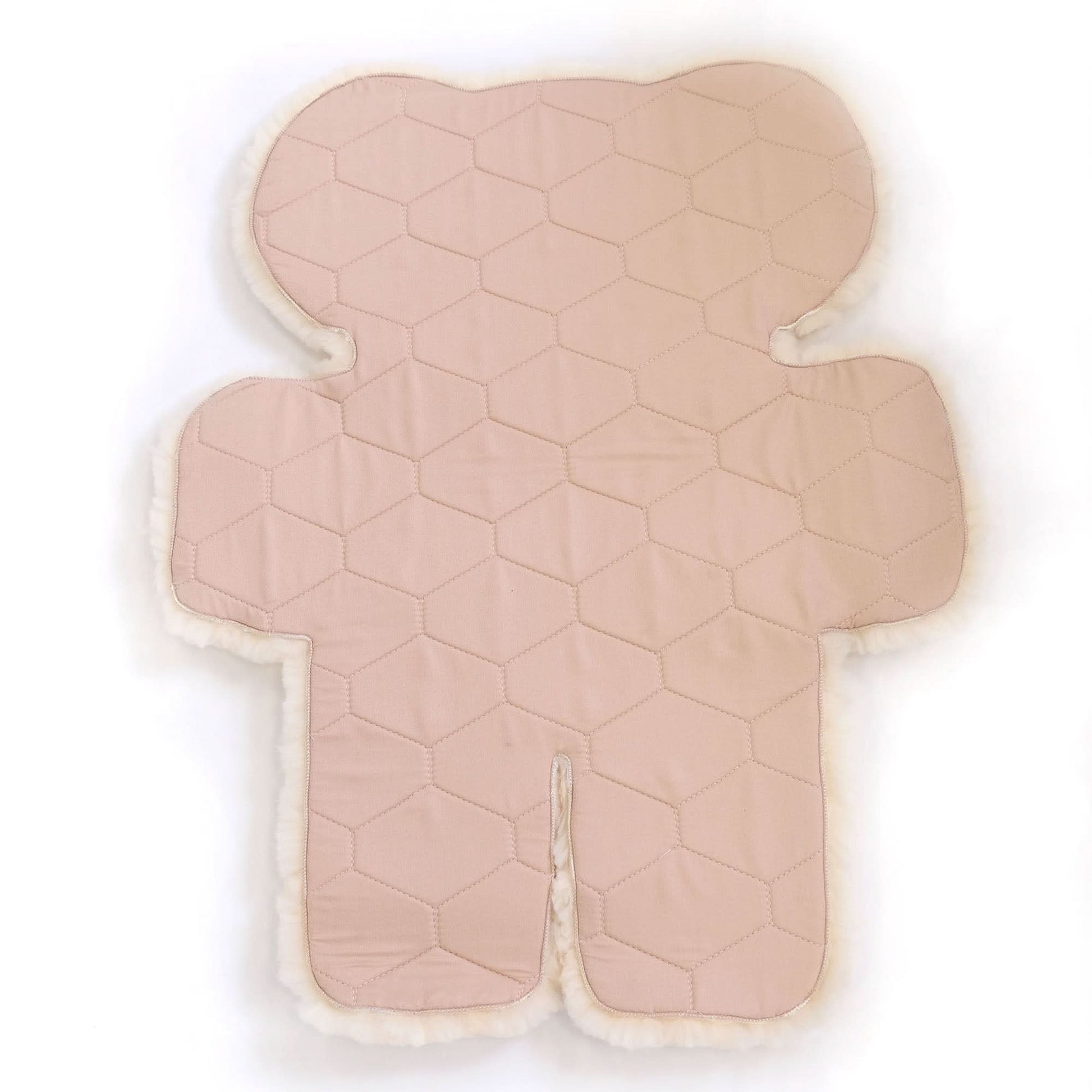Quilted pink sheepskin stroller liner with cream wool trim, flat lay view. - Yellow Earth Australia