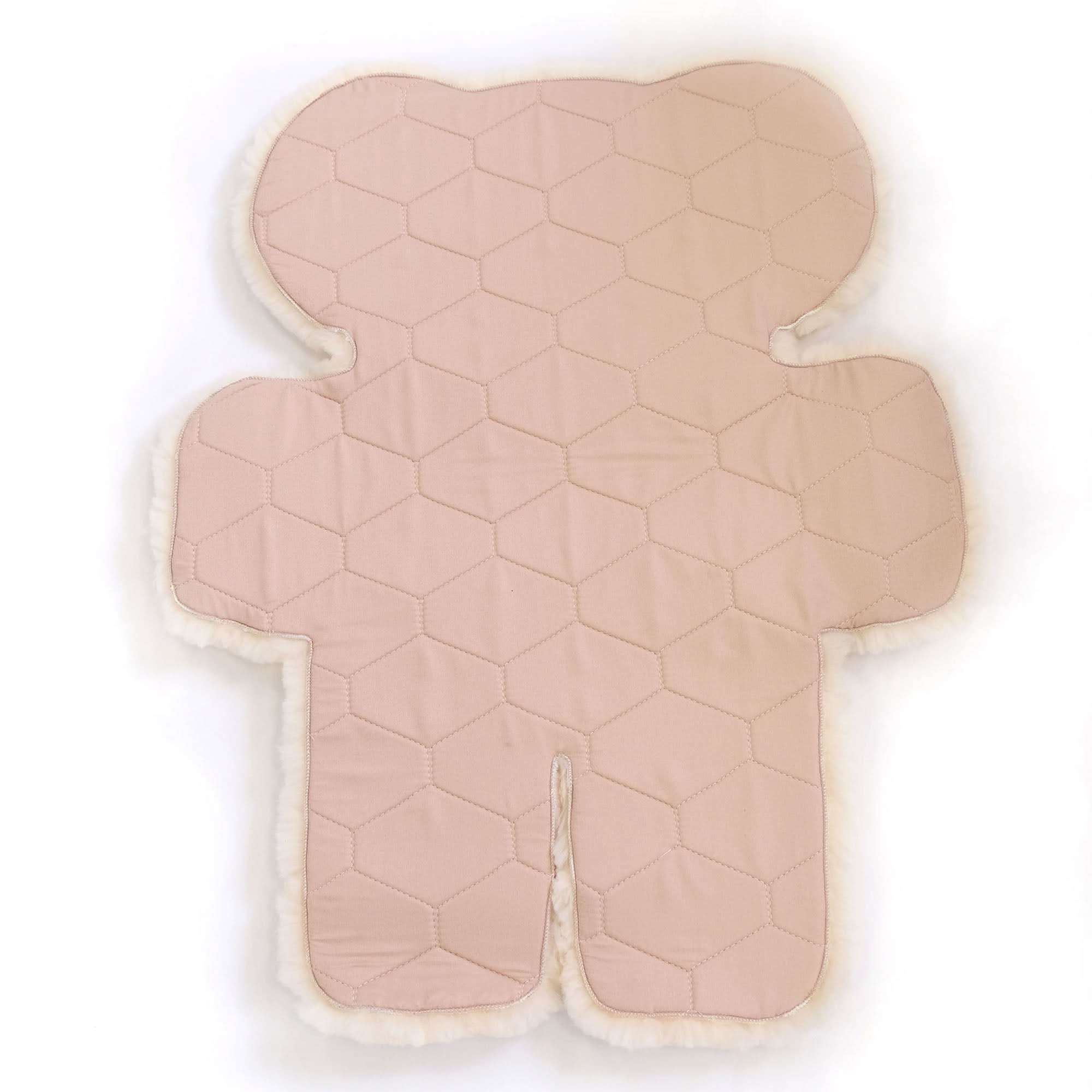 Quilted pink sheepskin stroller liner with cream wool trim, flat lay view. - Yellow Earth Australia