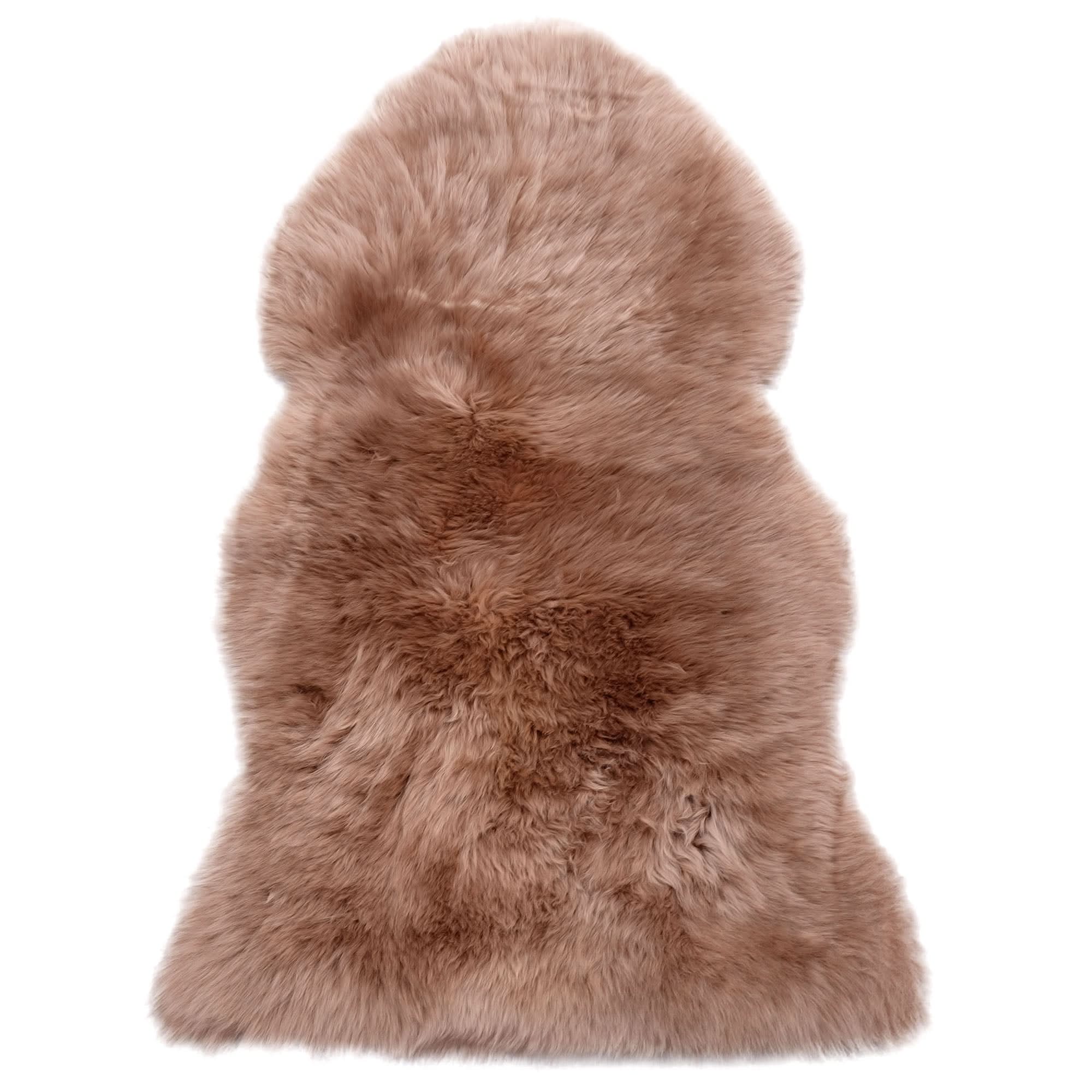 Soft taupe sheepskin rug with fluffy wool pile, viewed from above on white background. - Yellow Earth Australia