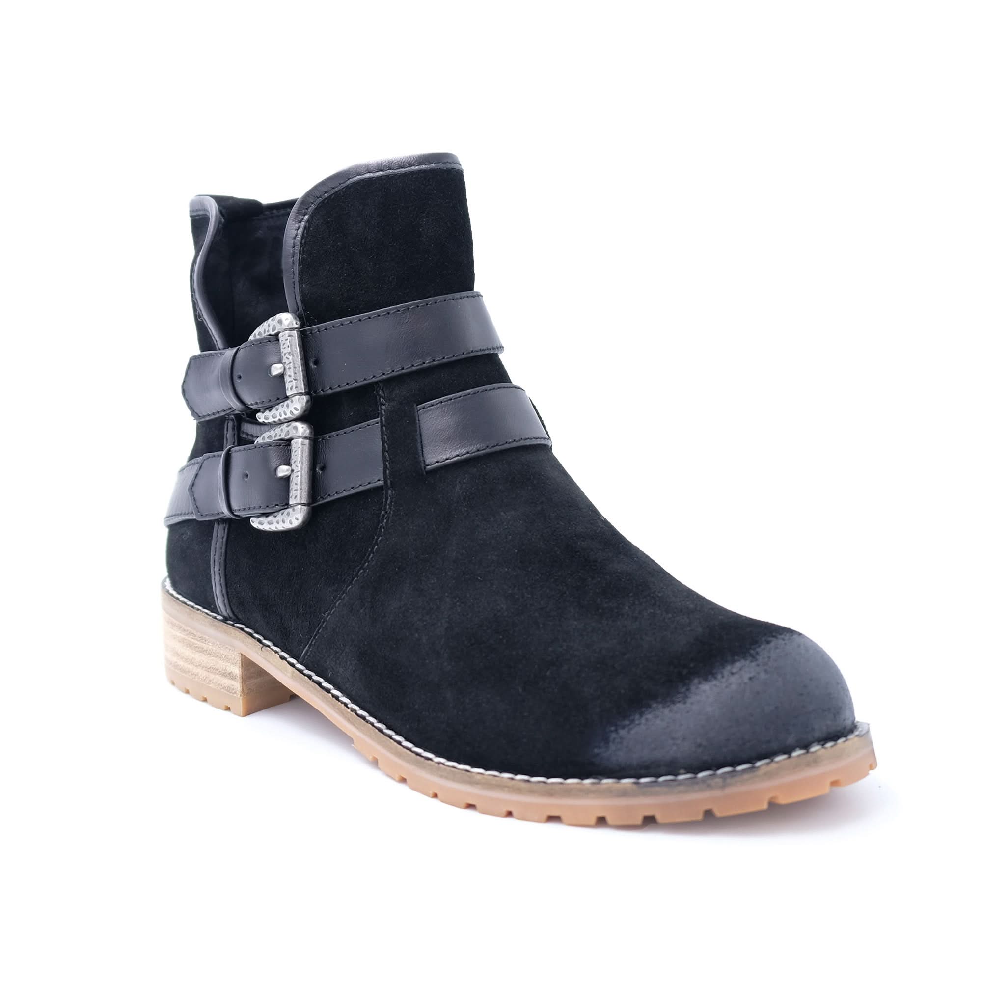 Black suede ankle boot with leather straps and chunky tan sole, side view. - Yellow Earth Australia