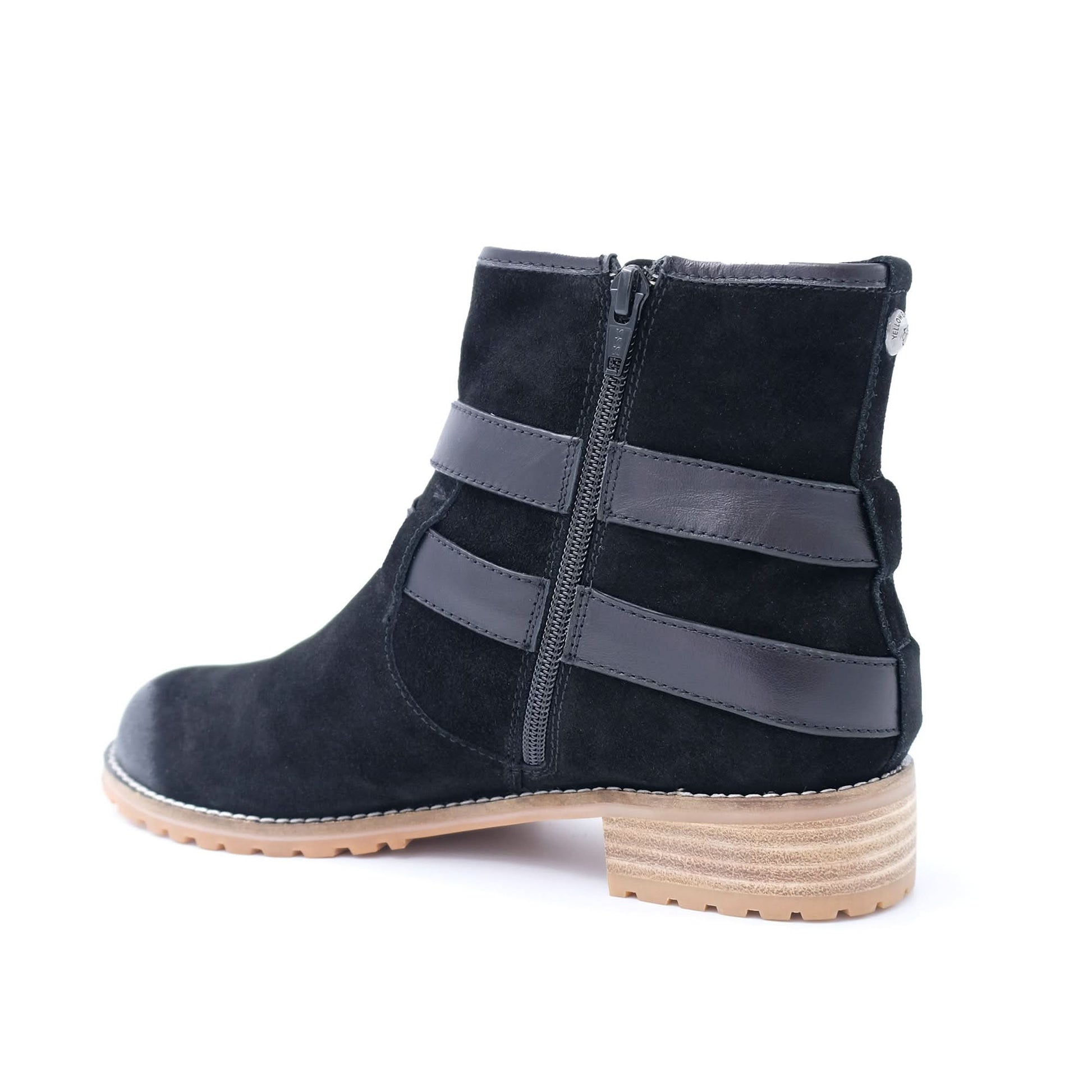 Black suede ankle boot with grey straps and tan sole, rear view. - Yellow Earth Australia