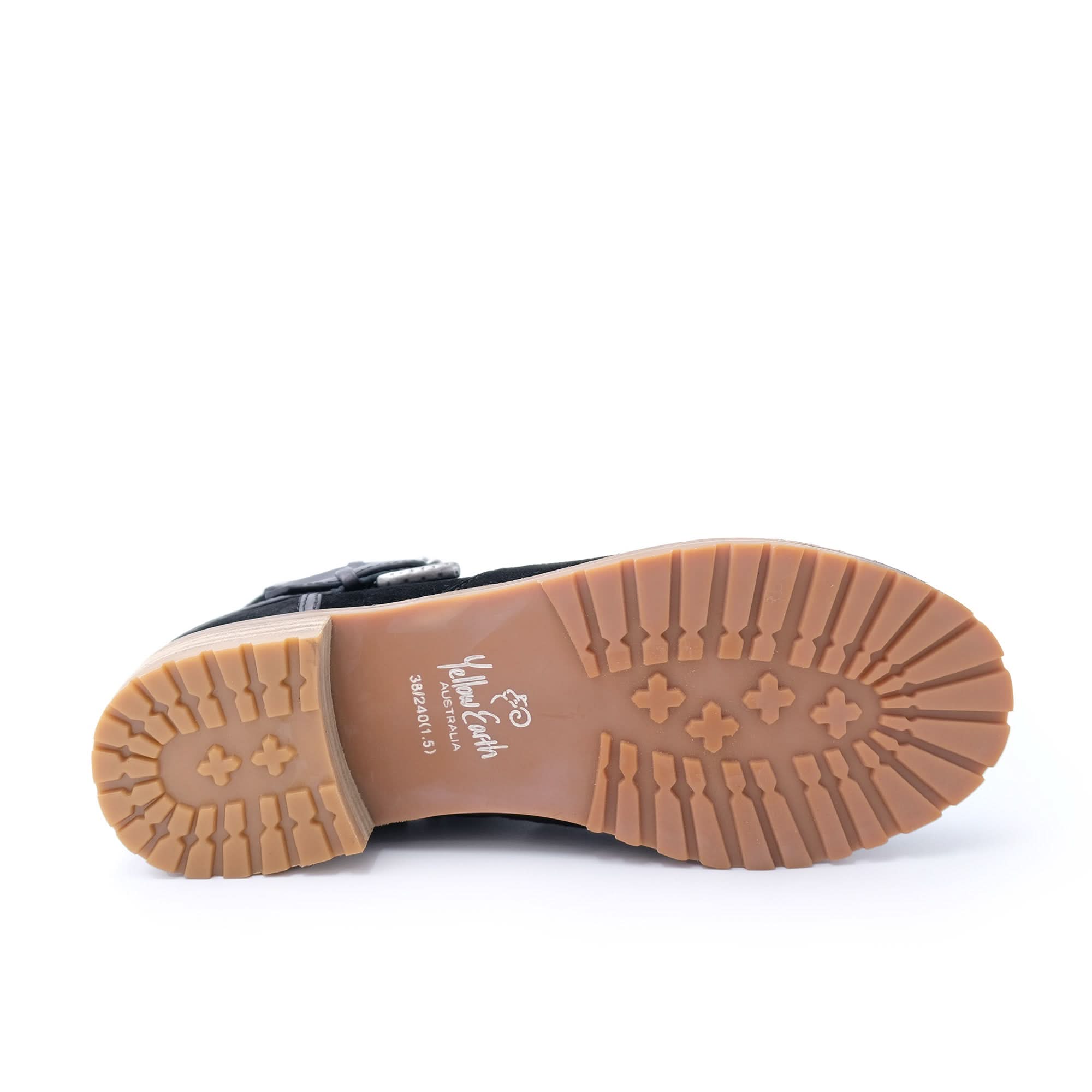 Black sheepskin lace-up boot with tan crepe sole, viewed from underneath. - Yellow Earth Australia