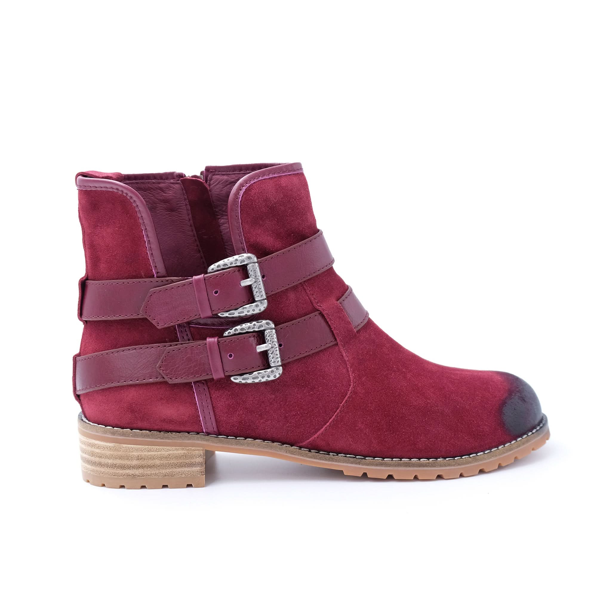 Burgundy suede ankle boot with dual buckle straps and crepe sole, side view. - Yellow Earth Australia