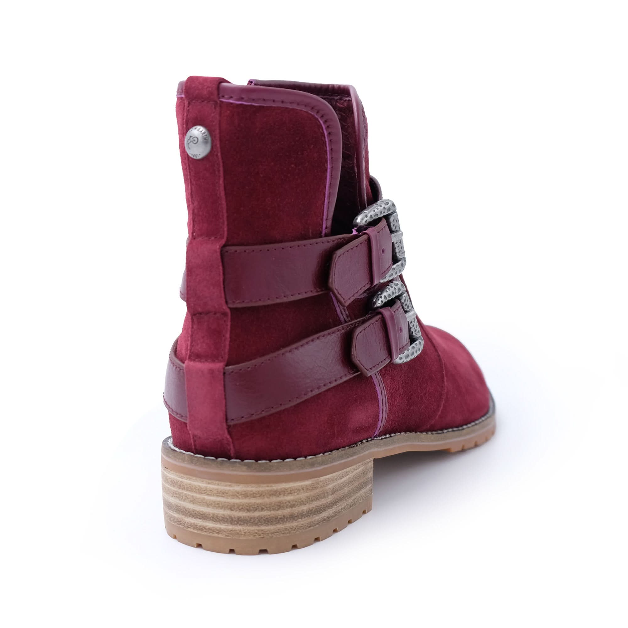 Burgundy sheepskin mid-calf boot with buckle straps, rear three-quarter view. - Yellow Earth Australia