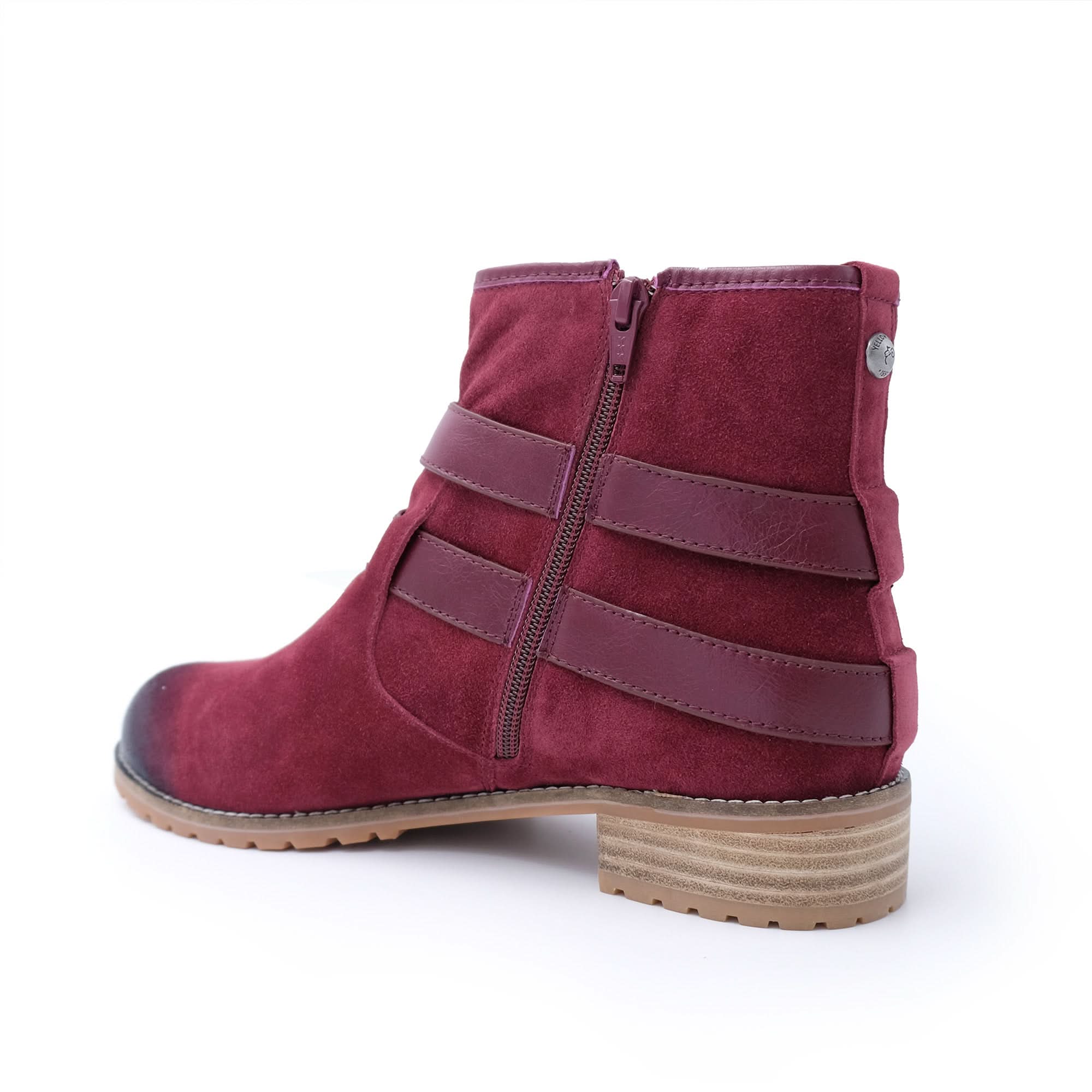 Burgundy suede ankle boot with quilted details and chunky sole, rear view. - Yellow Earth Australia