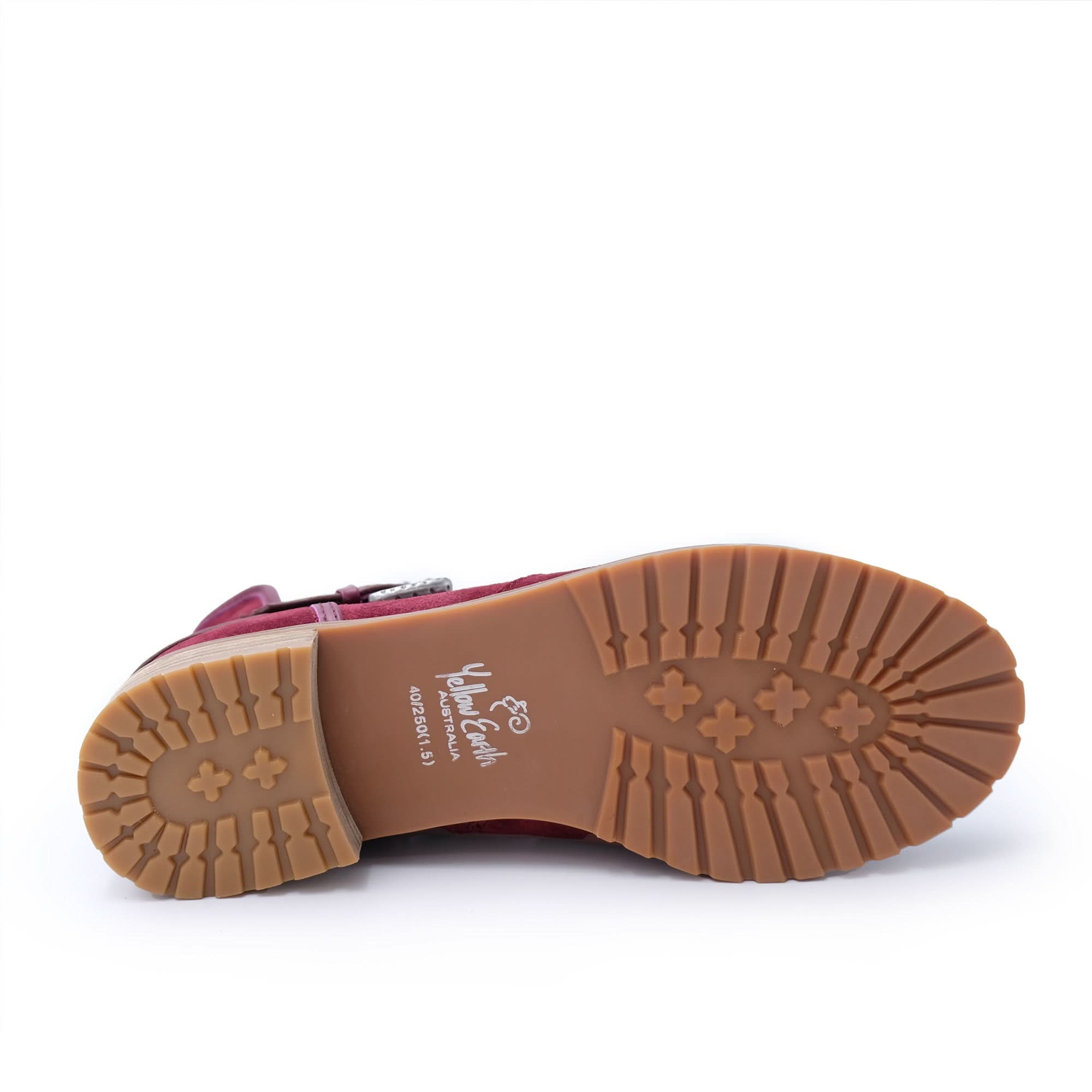 Burgundy sheepskin lace-up boot with tan crepe sole, sole view. - Yellow Earth Australia