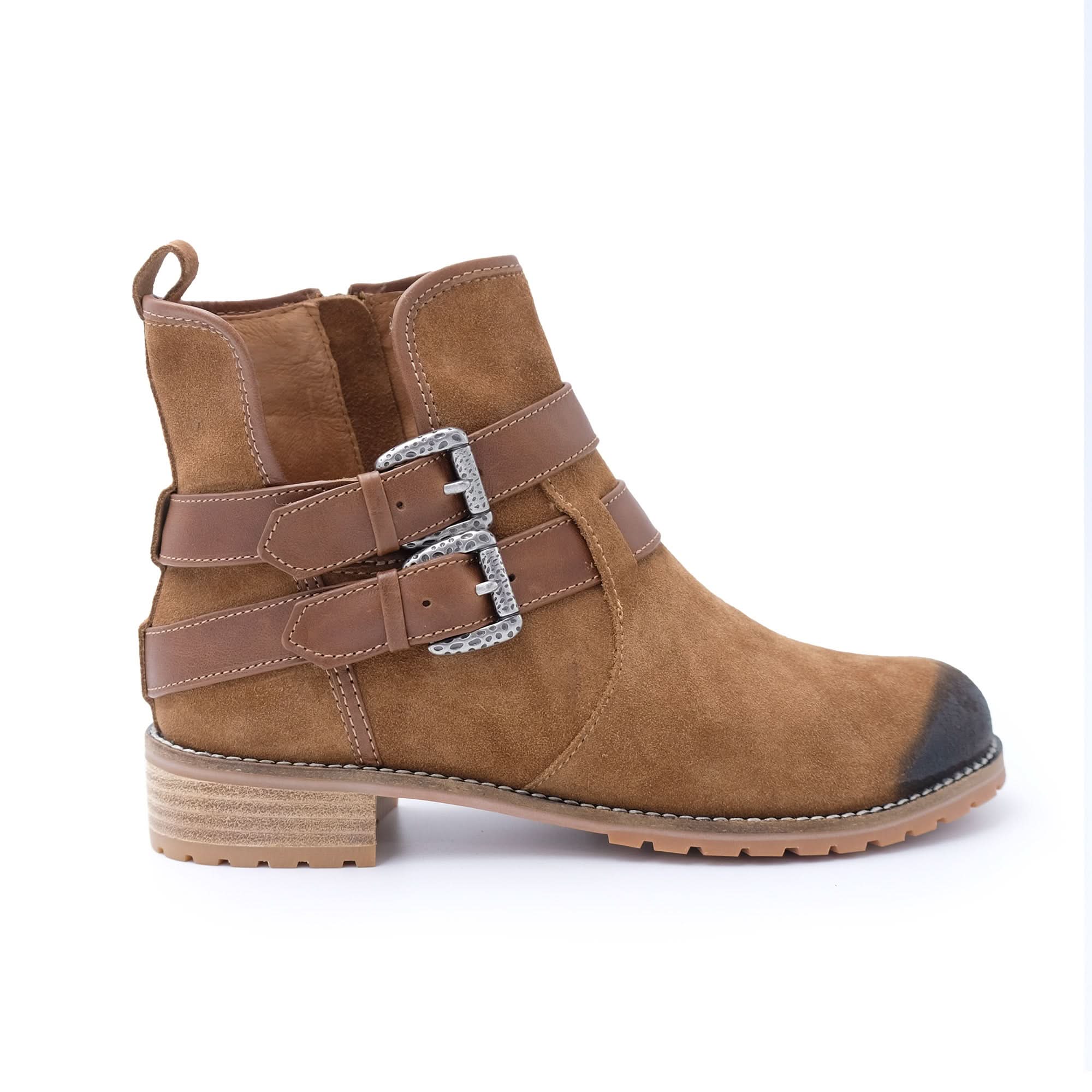 Tan suede ankle boot with leather straps and decorative buckles, side view. - Yellow Earth Australia