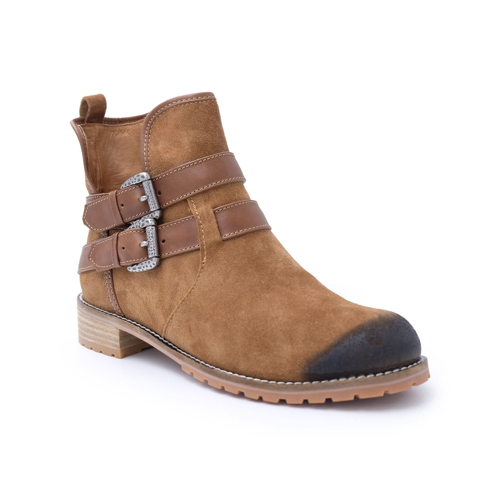 Tan suede ankle boot with buckle straps and lug sole, side view. - Yellow Earth Australia
