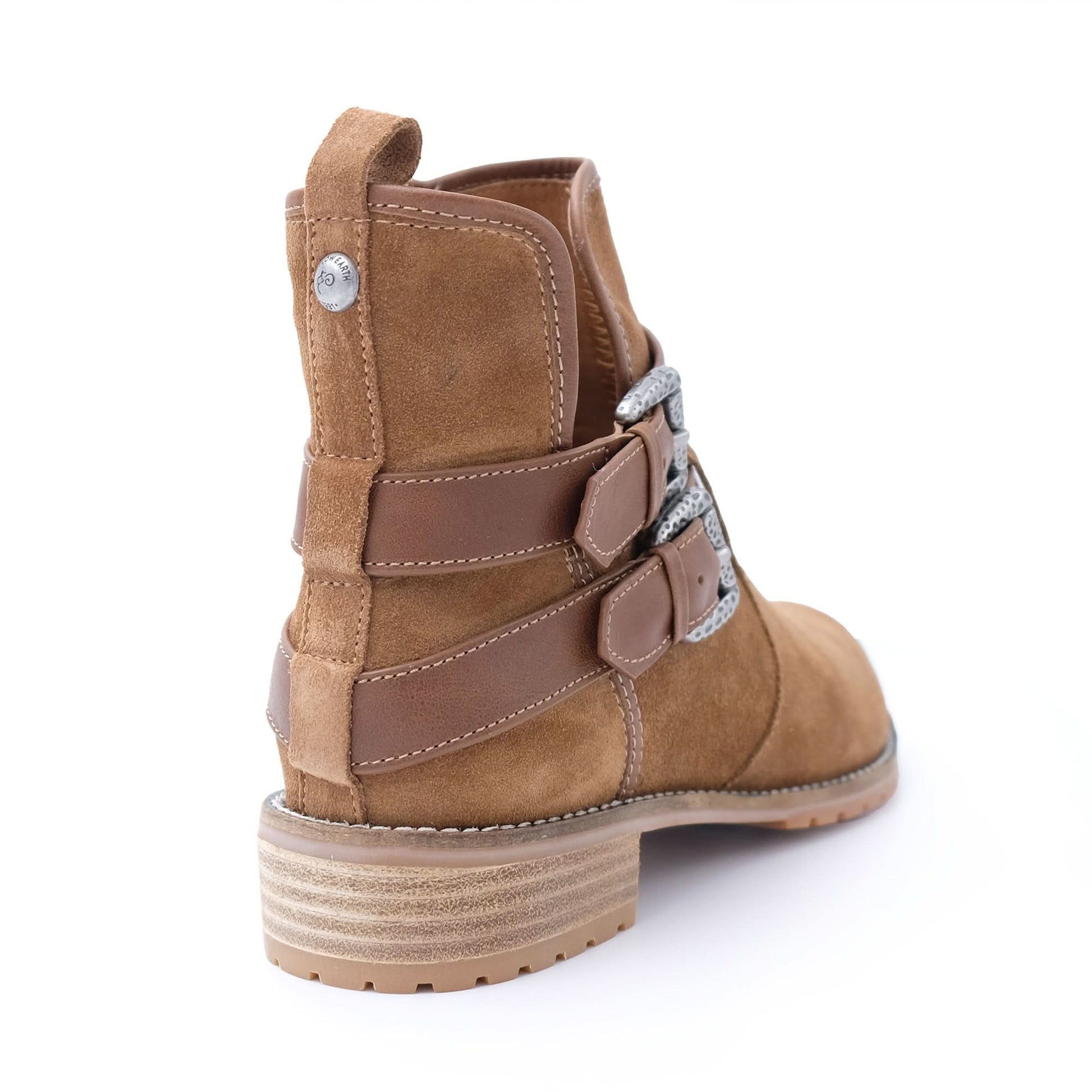 Tan suede and leather ankle boot with buckle straps, rear view. - Yellow Earth Australia