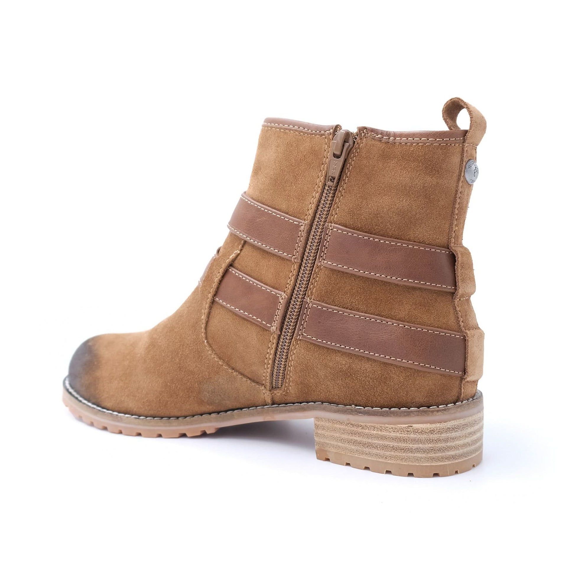 Tan suede and leather mid-calf boot with chunky sole, rear view. - Yellow Earth Australia
