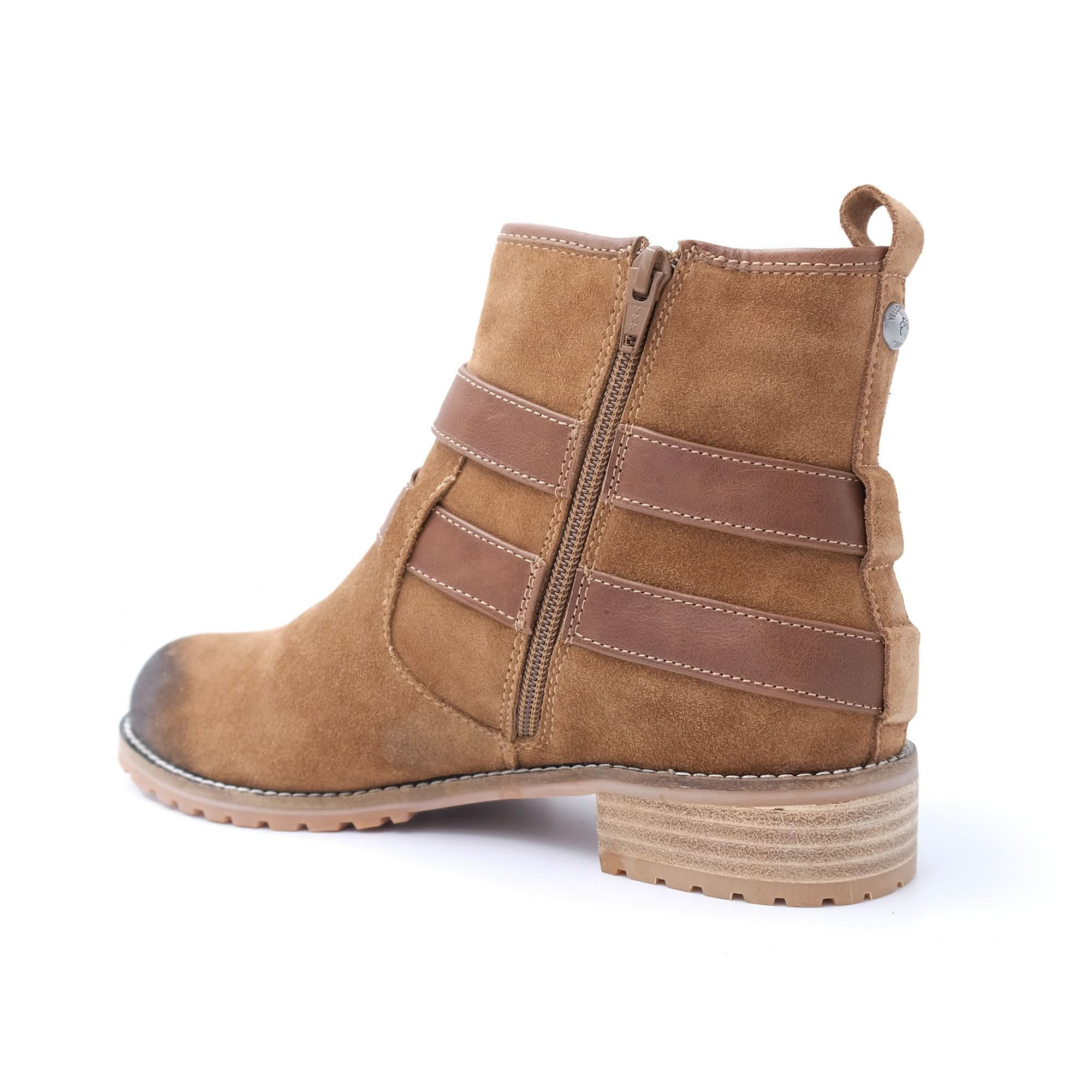 Tan suede and leather mid-calf boot with chunky sole, rear view. - Yellow Earth Australia