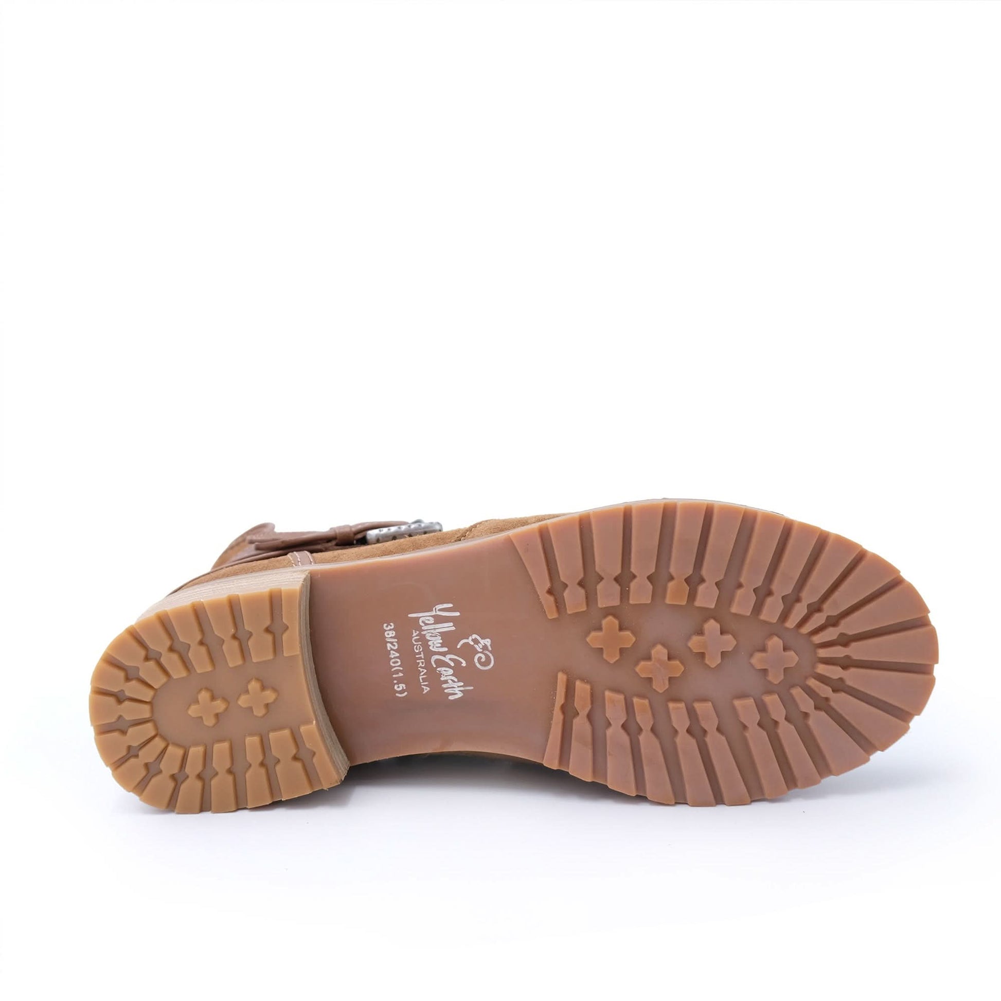 Tan leather lace-up boot sole view showing textured tread pattern and sheepskin lining. - Yellow Earth Australia