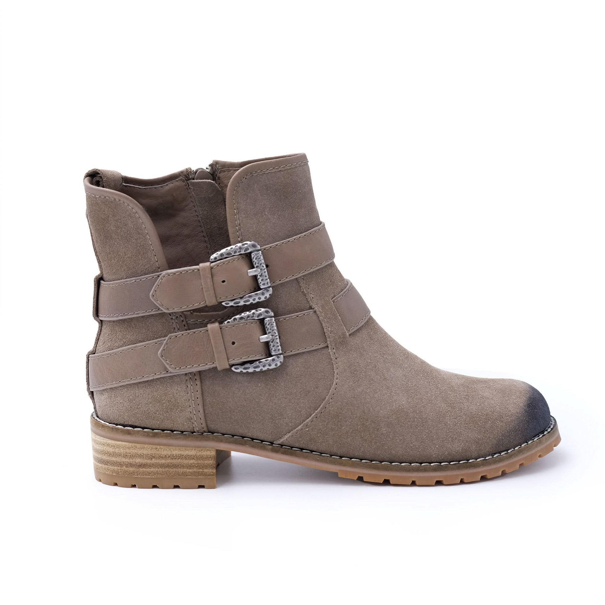 Taupe suede ankle boot with decorative buckle straps and chunky sole, side view. - Yellow Earth Australia
