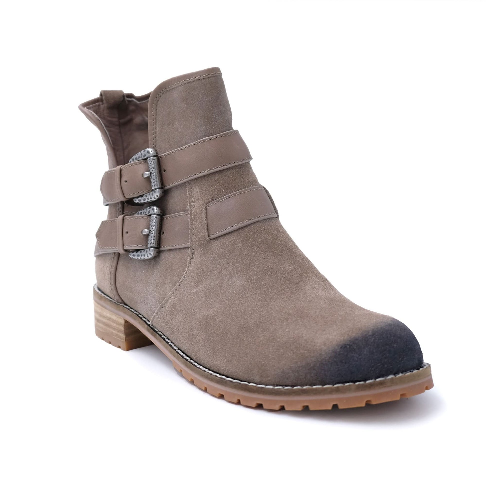 Taupe suede ankle boot with buckle straps and lug sole, side view. - Yellow Earth Australia