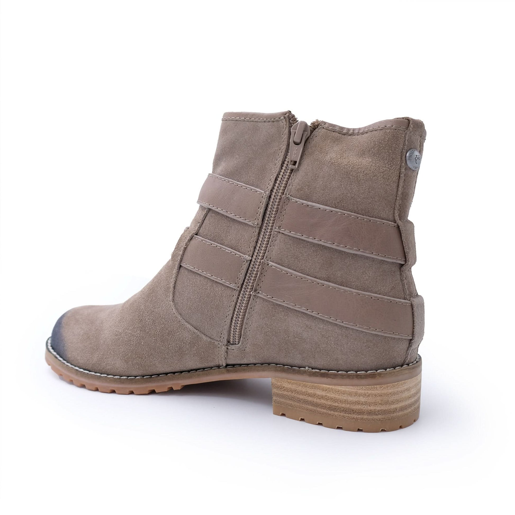 Taupe suede ankle boot with quilted straps, rear three-quarter view. - Yellow Earth Australia