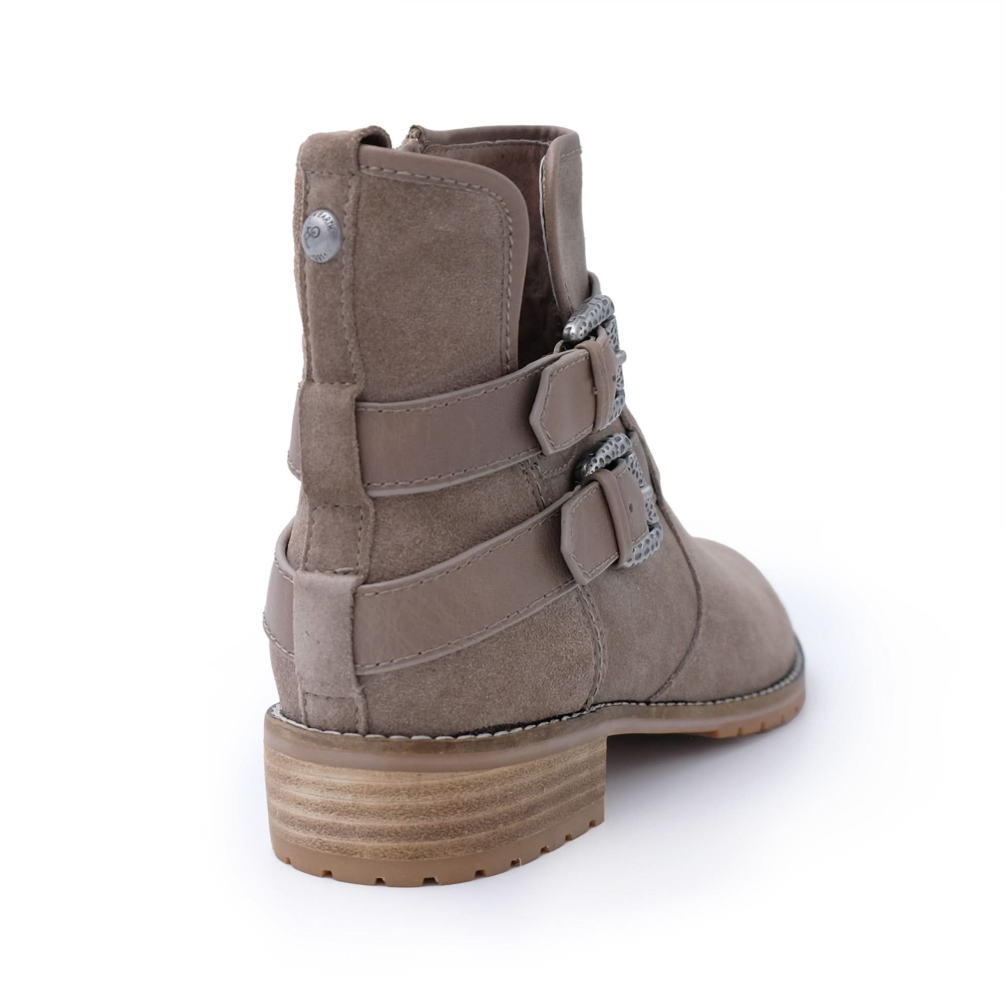 Grey suede ankle boot with buckle straps and chunky sole, rear view. - Yellow Earth Australia