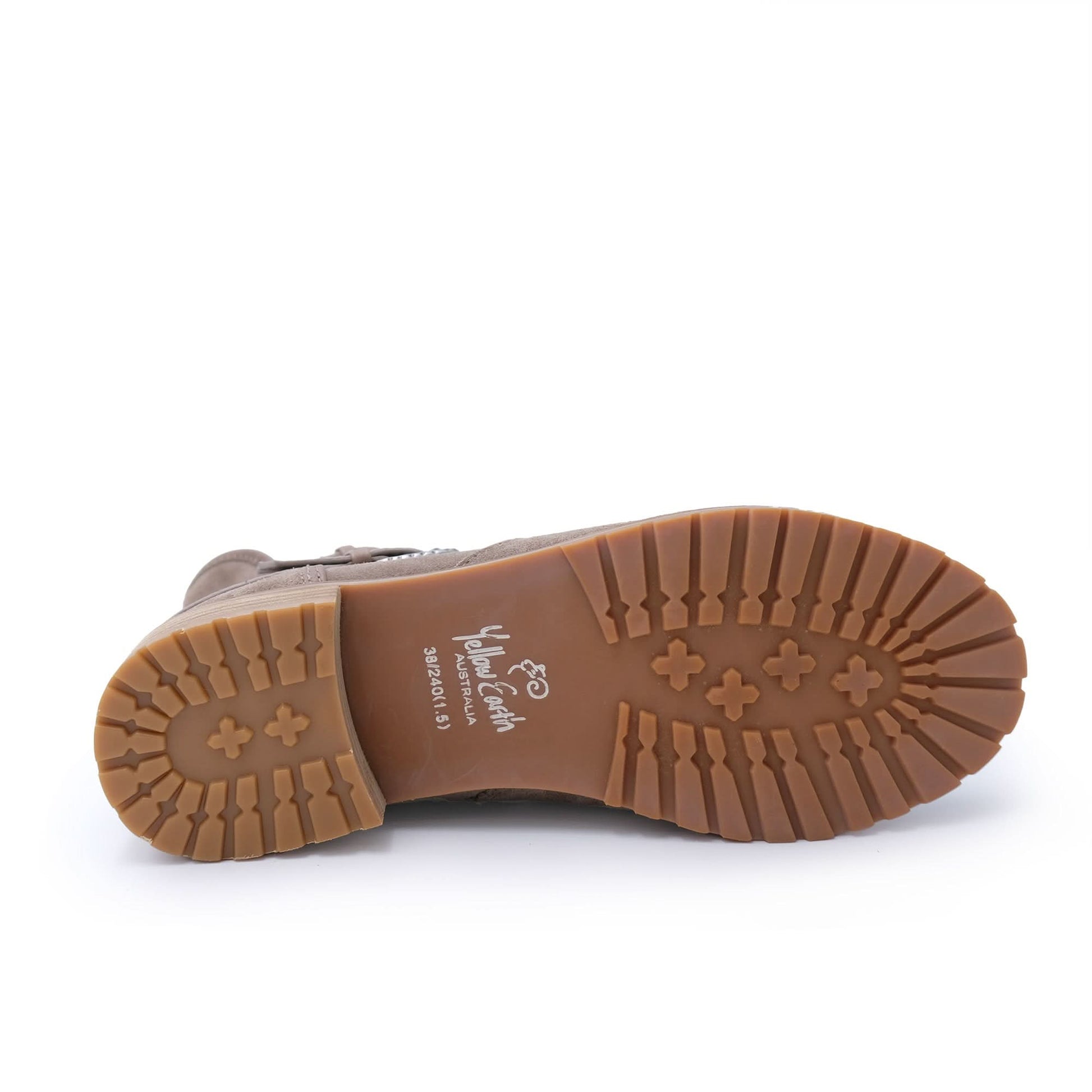 Tan suede lace-up boot with chunky tread sole, bottom view. - Yellow Earth Australia