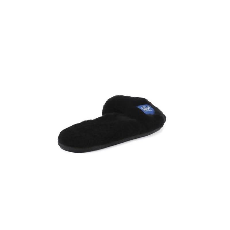 Black sheepskin slipper with wool lining, side view on white background. - Yellow Earth Australia