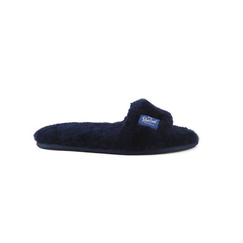 Navy blue fluffy sheepskin slipper shown from the side view. - Yellow Earth Australia