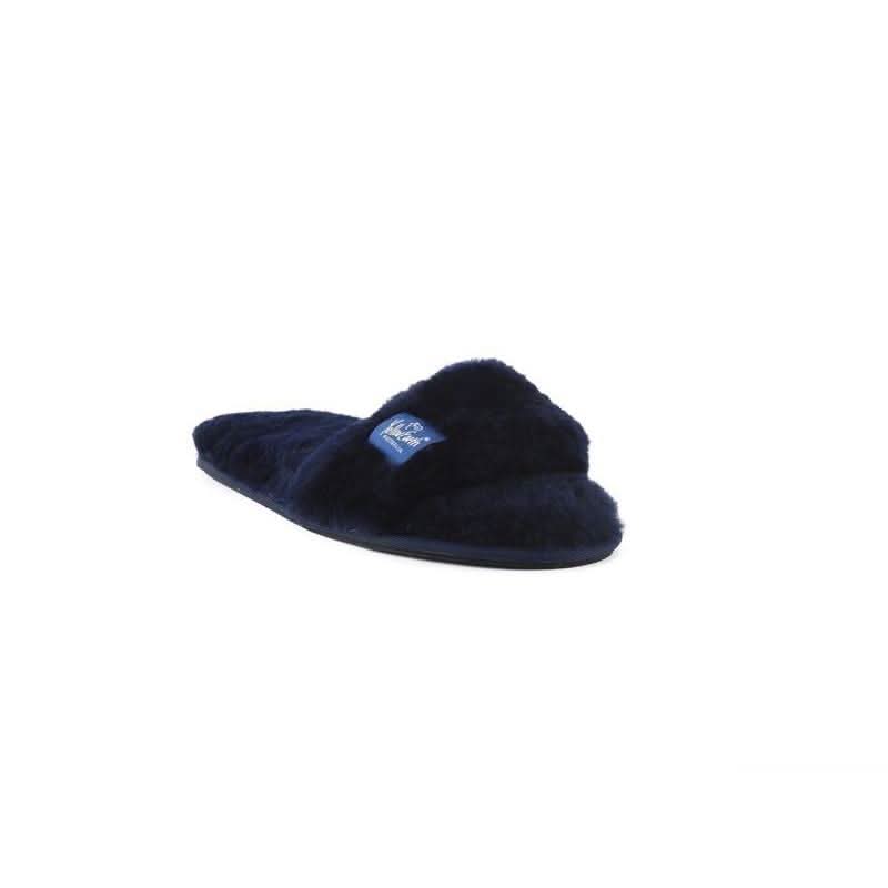 Navy blue sheepskin slipper with soft wool lining, angled side view. - Yellow Earth Australia