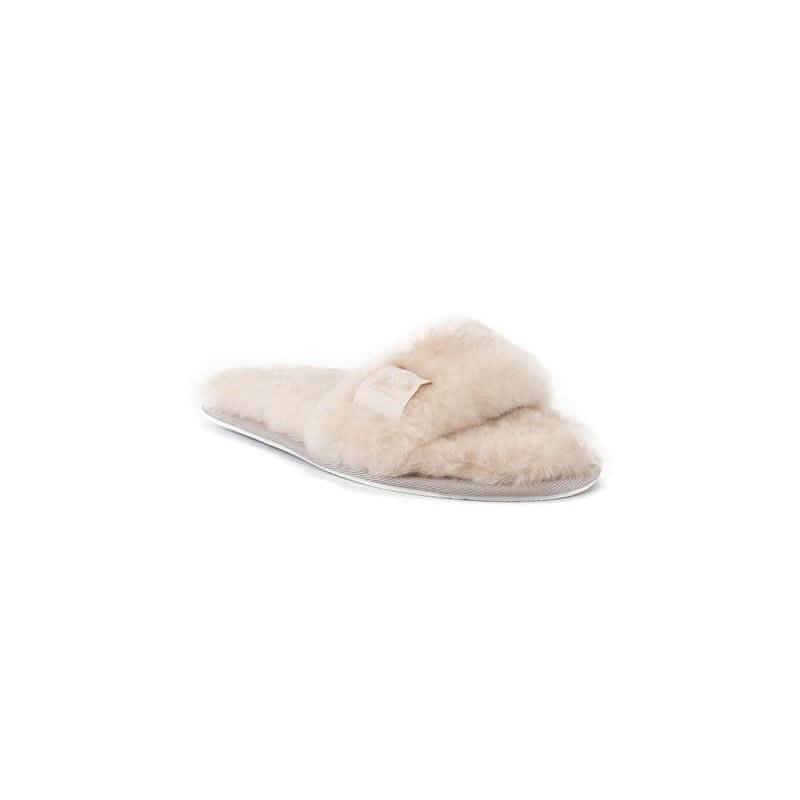 Cream sheepskin slipper with wool lining, side view on white background. - Yellow Earth Australia