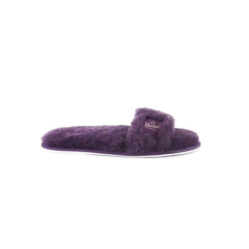 Purple fluffy sheepskin slipper with raised heel, side view on white background. - Yellow Earth Australia