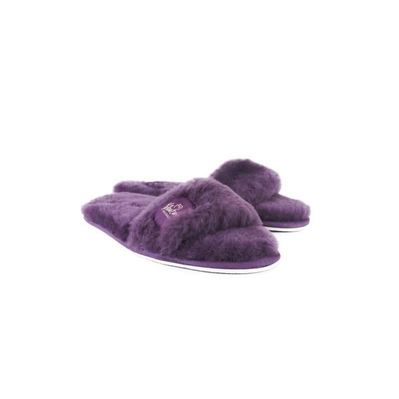 Purple fluffy sheepskin slippers with soft wool interior, front angled view. - Yellow Earth Australia