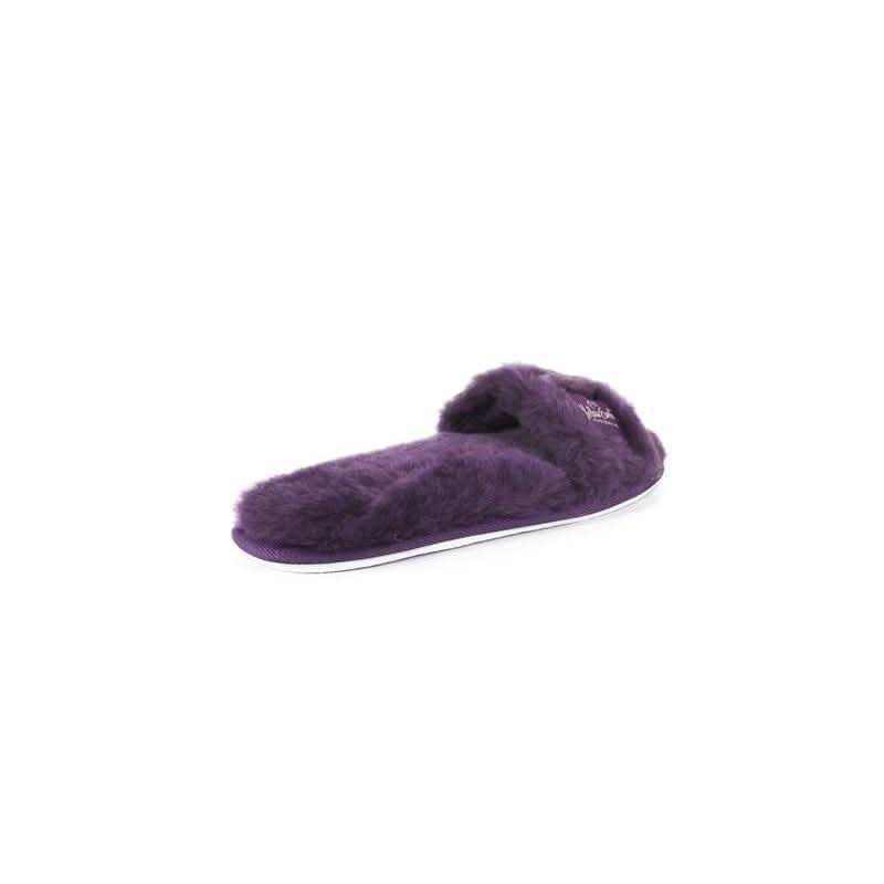 Purple sheepskin slipper with fluffy wool upper and white sole, side view. - Yellow Earth Australia