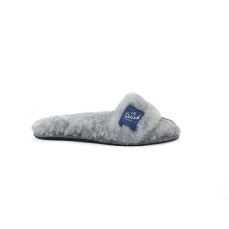 Grey sheepskin slider slipper with fluffy wool upper, side view. - Yellow Earth Australia
