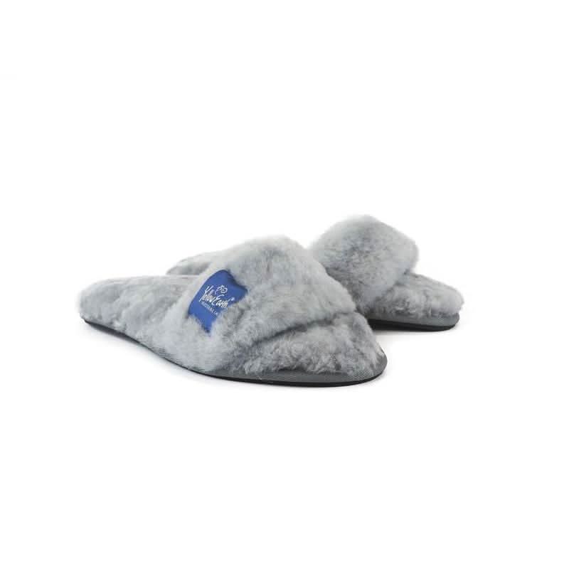Grey sheepskin slippers with wool lining, top view on white background. - Yellow Earth Australia