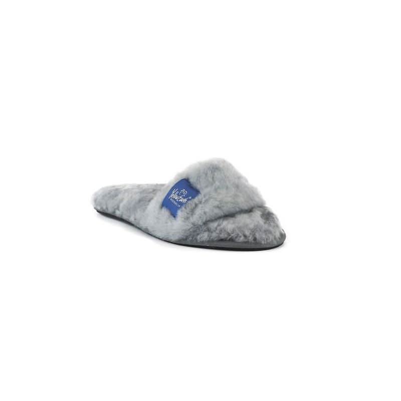 Grey sheepskin slipper with wool lining, angled side view showing soft fuzzy texture. - Yellow Earth Australia