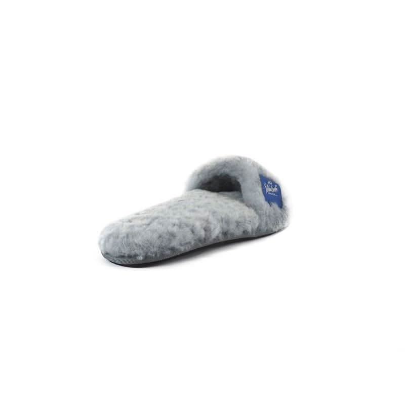 Grey wool sheepskin slipper with curved heel design, side view. - Yellow Earth Australia