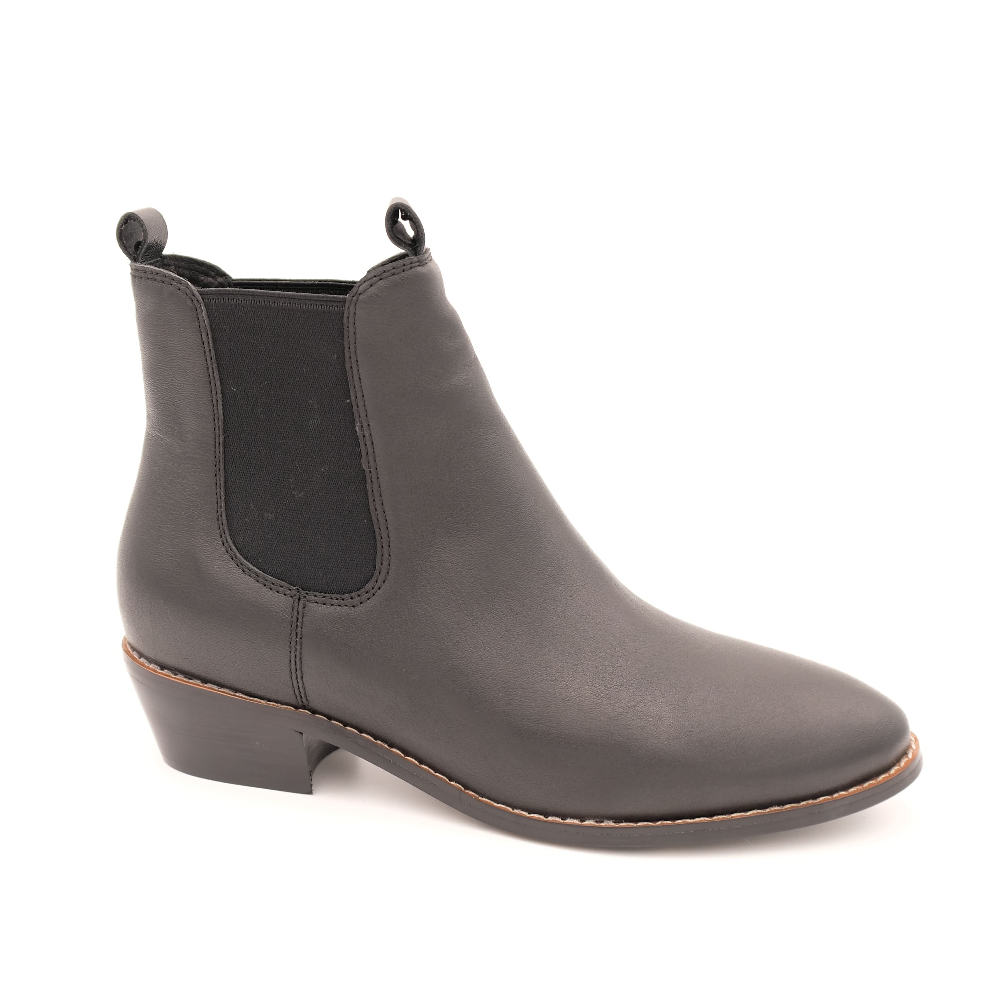 Black leather Chelsea ankle boot with tan stitching, side view. - Yellow Earth Australia