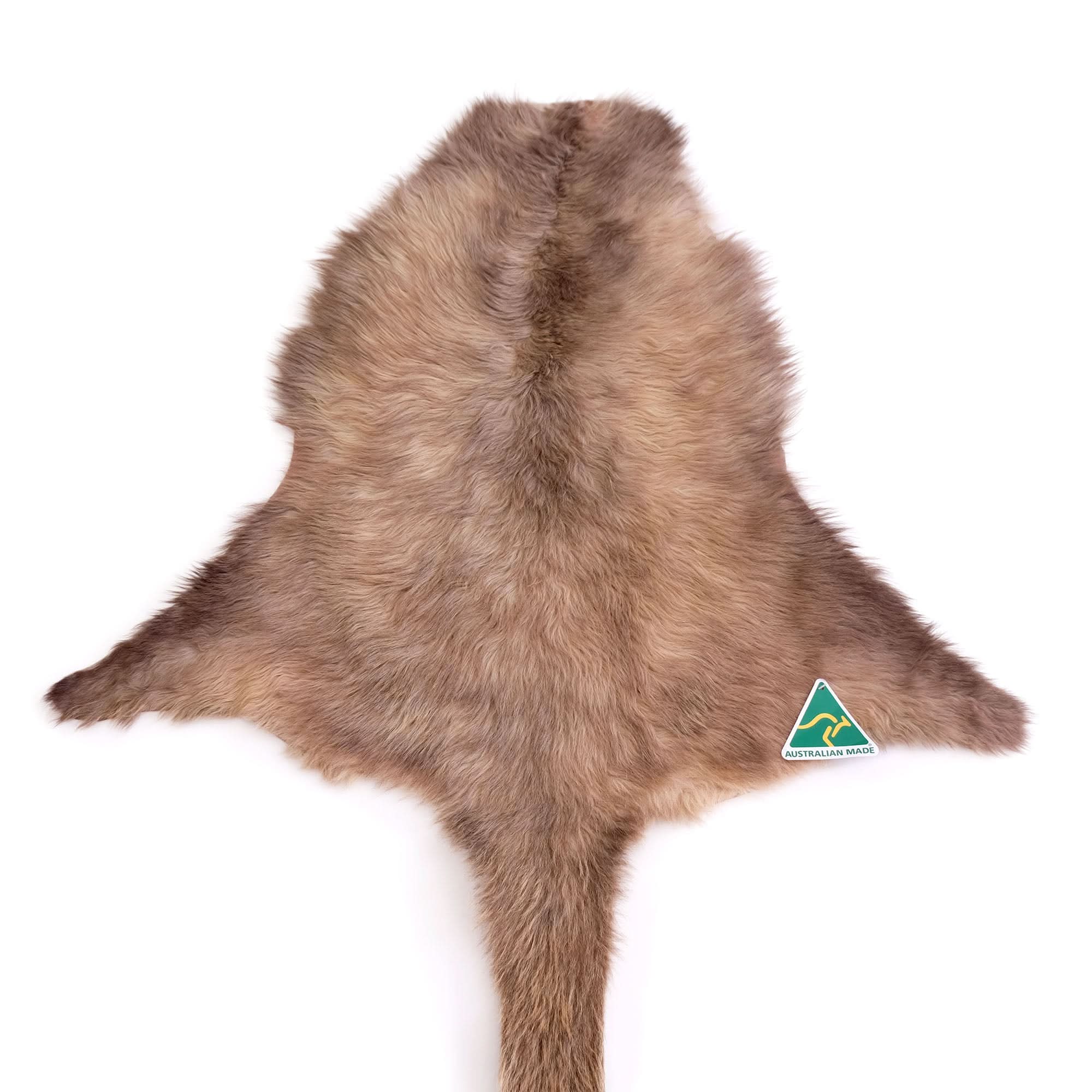 Taupe sheepskin rug with natural fur texture, viewed from above on white background. - Yellow Earth Australia
