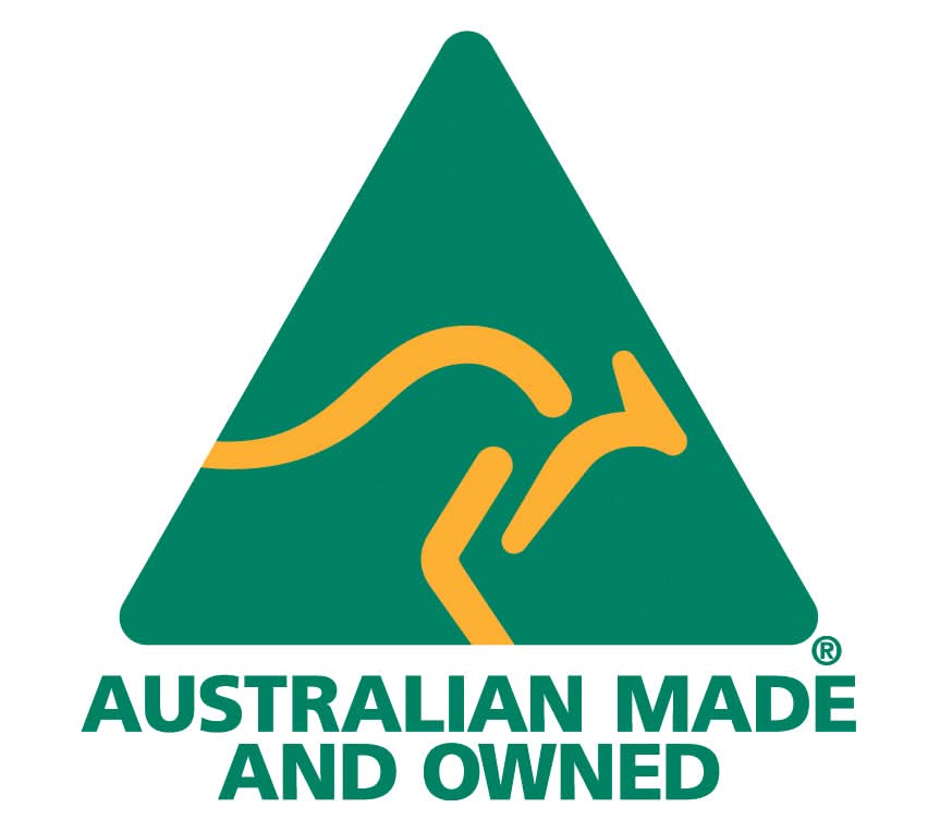 Green and gold Australian made and owned certification logo featuring kangaroo symbol. - Yellow Earth Australia