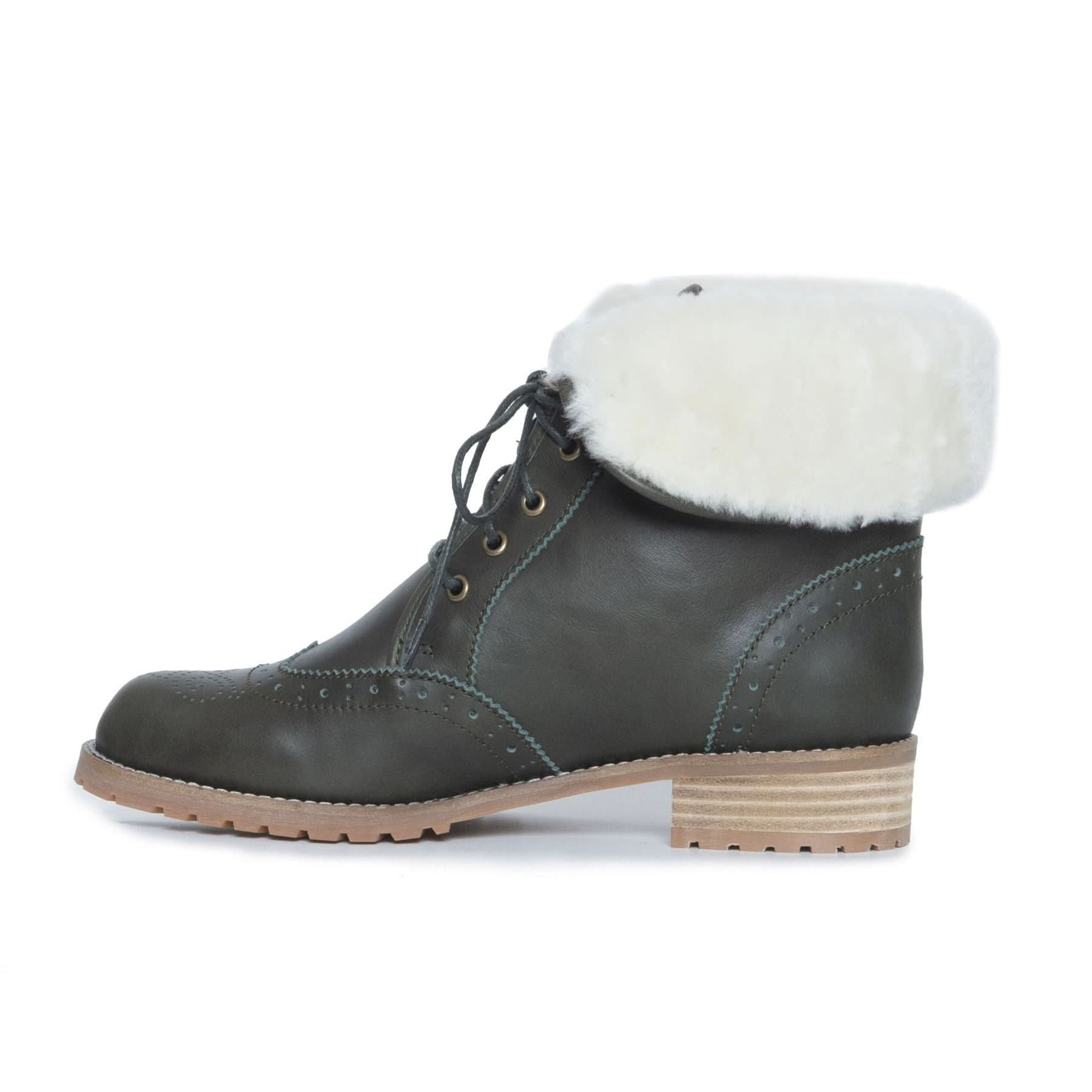 Grey leather lace-up ankle boot with white sheepskin collar, side view. - Yellow Earth Australia