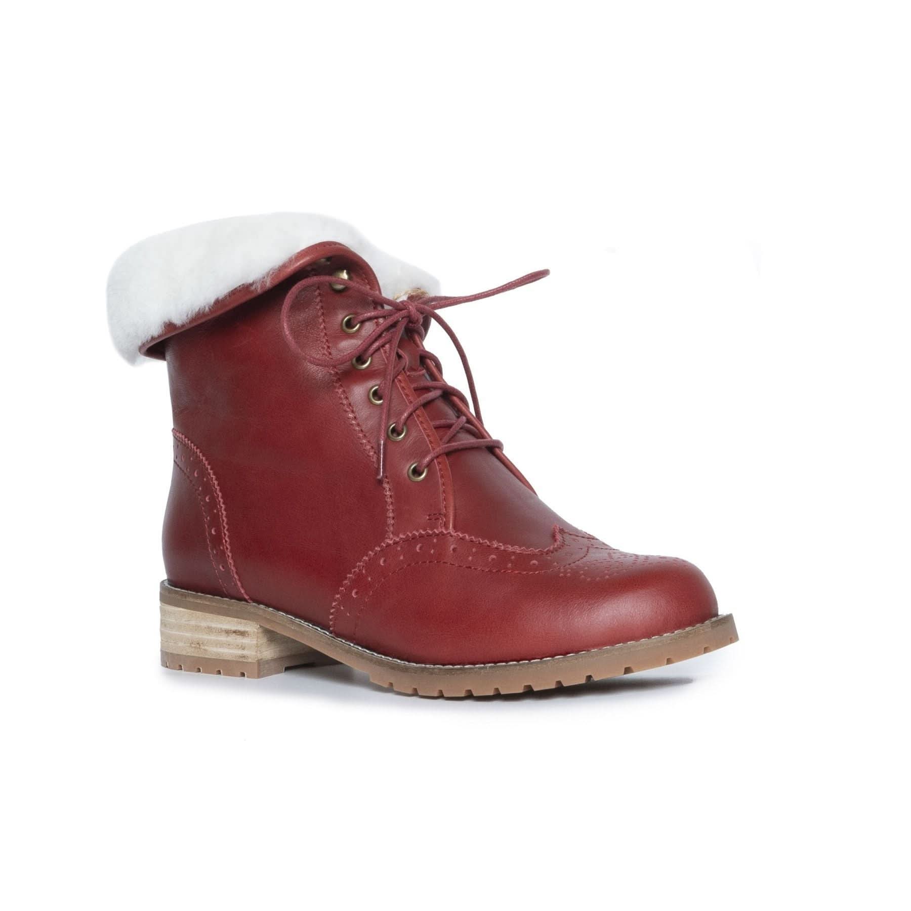 Burgundy leather lace-up boot with white sheepskin cuff, side view. - Yellow Earth Australia