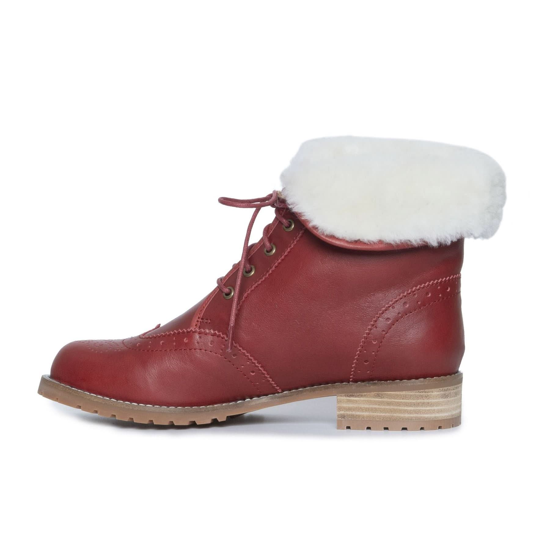 Red leather lace-up boot with white sheepskin cuff, side view. - Yellow Earth Australia