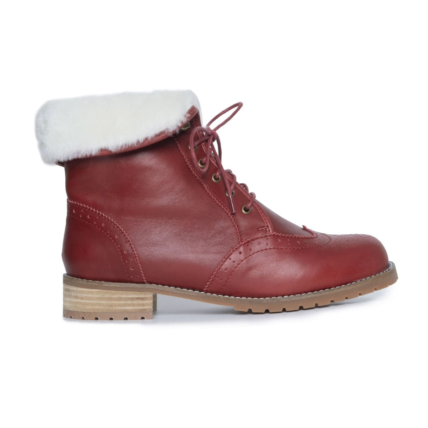 Burgundy leather lace-up boot with white sheepskin collar, side view. - Yellow Earth Australia