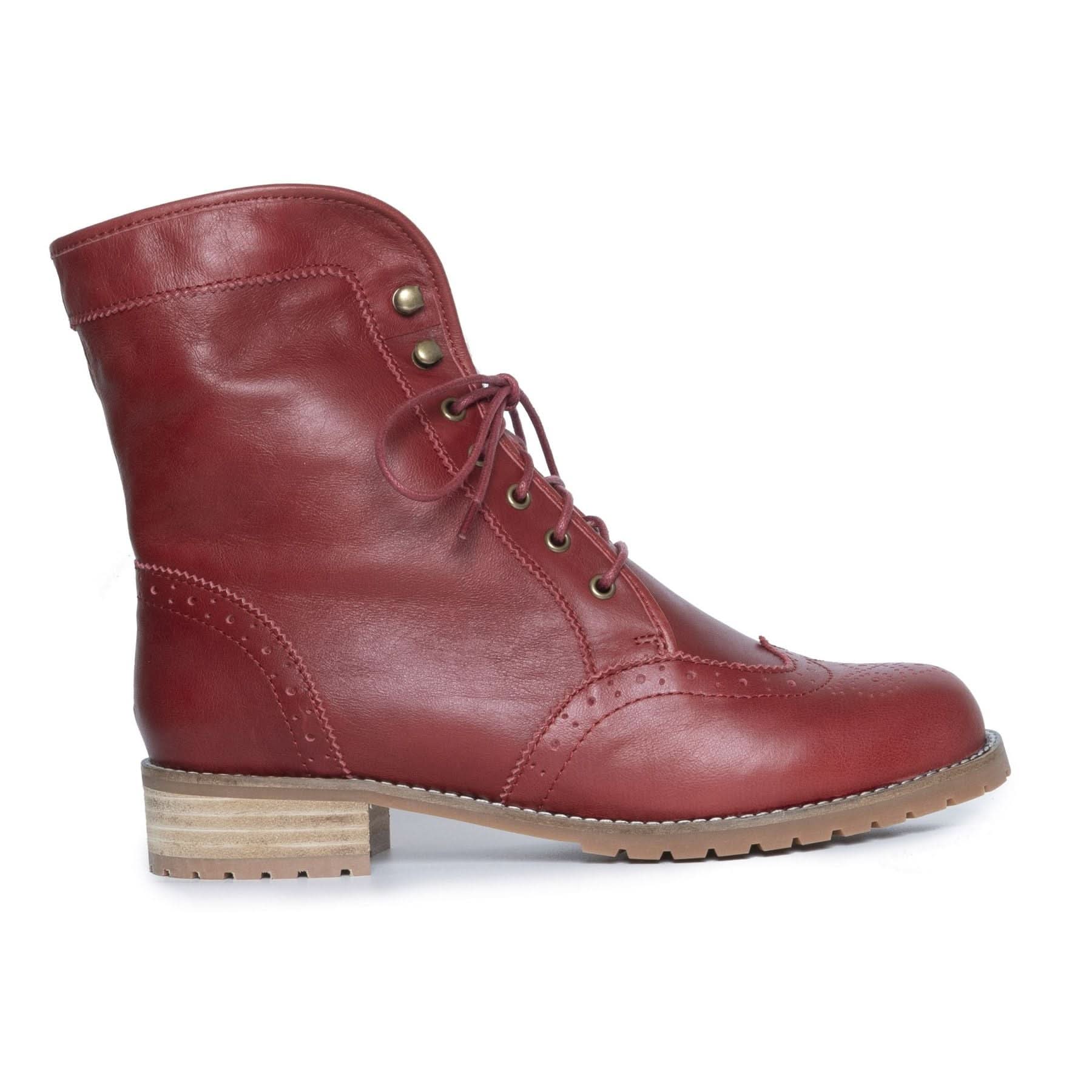 Burgundy leather lace-up ankle boot with brogue detailing and chunky sole, side view. - Yellow Earth Australia